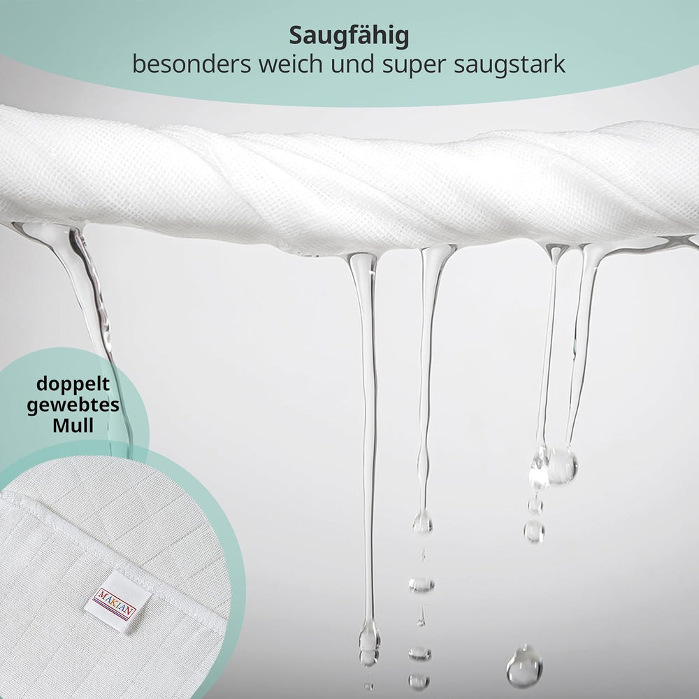 MAKIAN Quadrati di Mussola, Confezione da 10, 80x80 cm, Certificato Oeko-TEX® Standard 100, 10 Panni Antirigurgito Premium - Quadrati di Stoffa a Tessuto Doppio/Quadretti di Mussola, Resistente alla Bollitura - Bianco