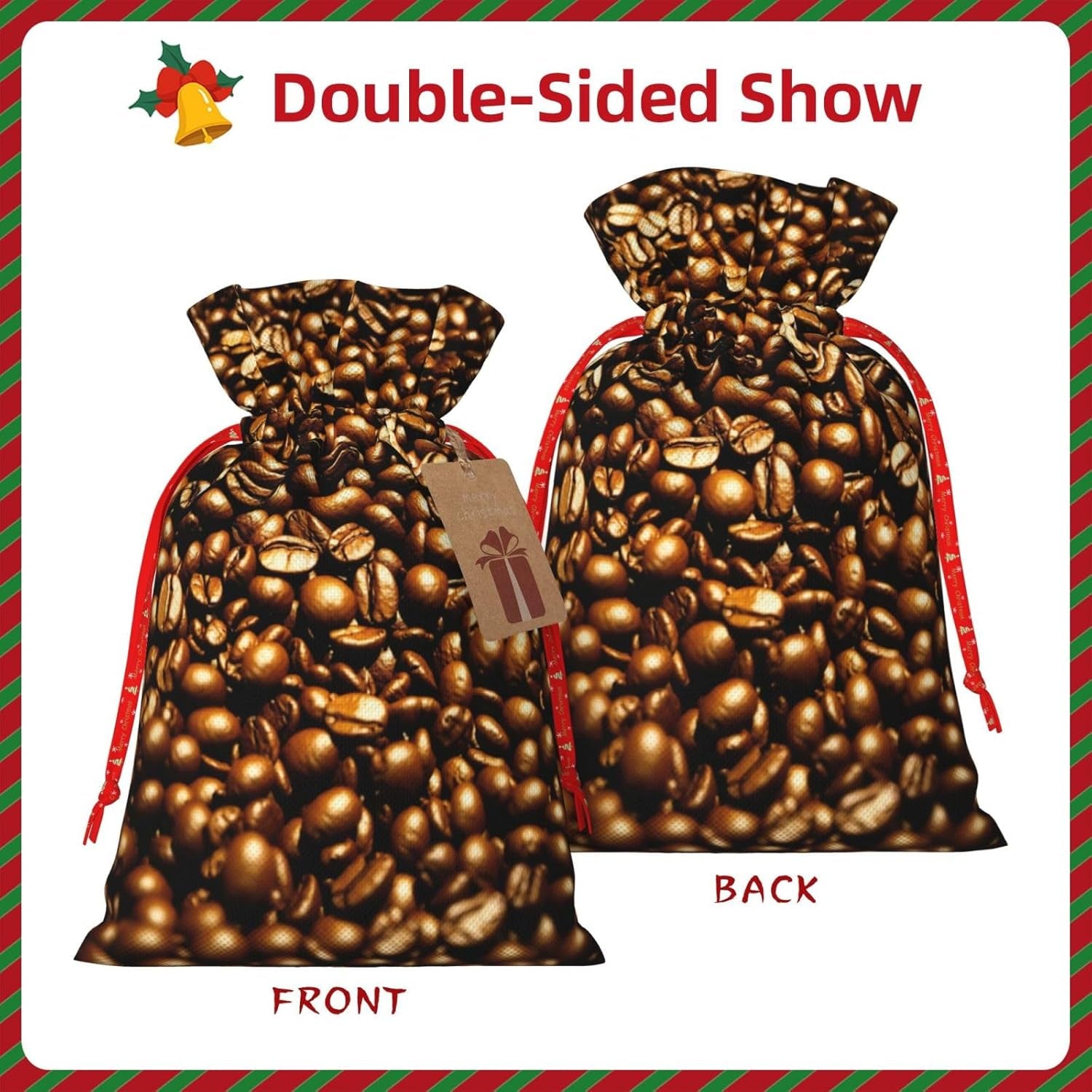 Lustige geröstete Kaffeebohnen, Weihnachtsbeutel mit Kordelzug, robust, 21,1 x 30 cm, geeignet für Partygeschenke und Geschenkverpackung, 1 Stück