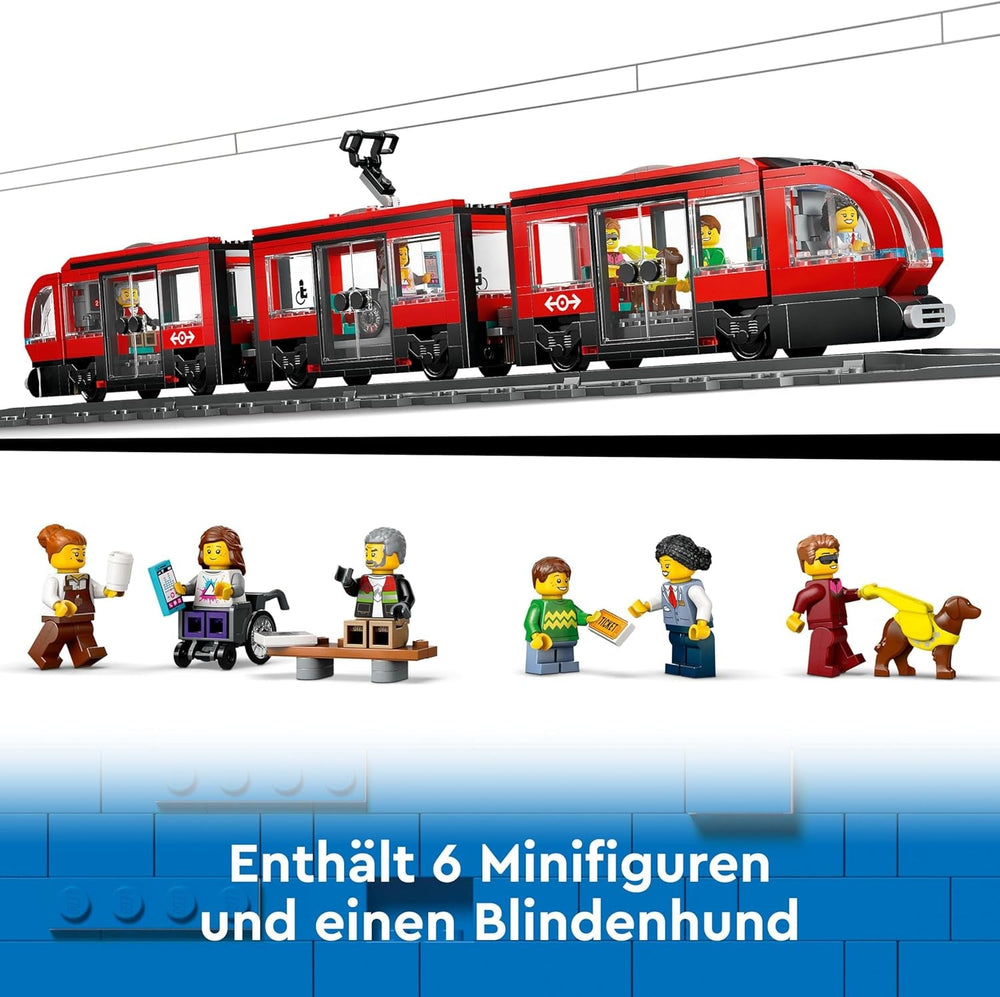 Tram LEGO City con stazione, idea regalo per gli appassionati di veicoli a partire dai 7 anni, con 6 minifigure e un cane guida per giochi di ruolo, giocattolo costruibile 60423 Set da costruzione Besuche den LEGO-Store