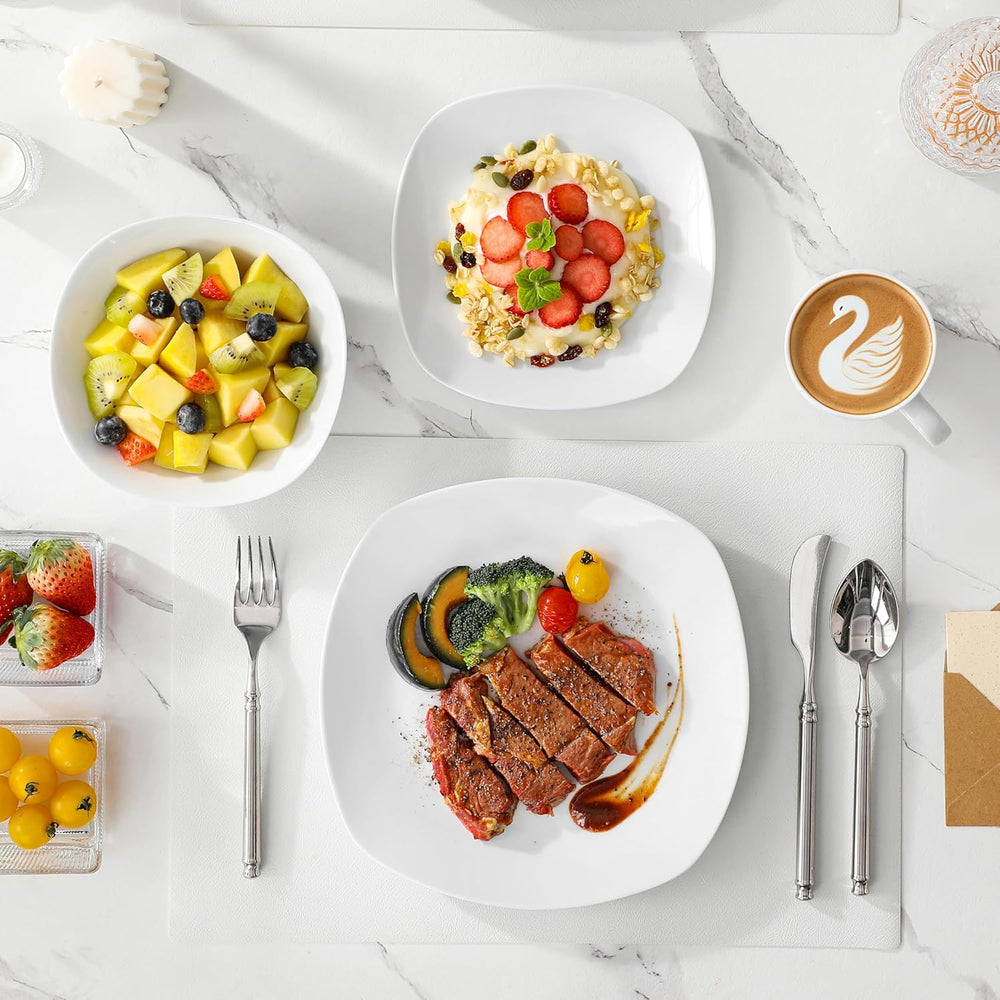 Set de veselă MALACASA pentru 4 persoane, serviciu de masă cu 16 piese din porțelan alb, set de veselă modern cu 4 farfurii de cină, farfurii de desert, farfurii de sumă și cești, seria ELISA