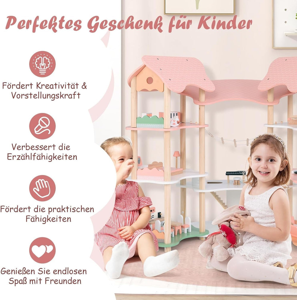FANTASK Casa delle Bambole in Legno, Casa delle Bambole con 7 Camere e 7 Camere, Altezza 85 cm, con 32 Mobili e Accessori, Casa delle Bambole con Scala di Corda, Casa delle Bambole Regalo per Bambine di 3 Anni (Modello 3) Naty Shop Dollhouses