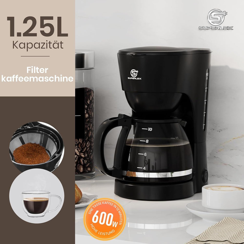 Espressor de cafea cu filtru 1,25 l pentru 10 cești de cafea cu filtru, carafă din sticlă lavabilă în mașina de spălat vase, termos, sistem anti-picurare, oprire automată, 600 W, protecție la fierbere fără apă pentru acasă și birou