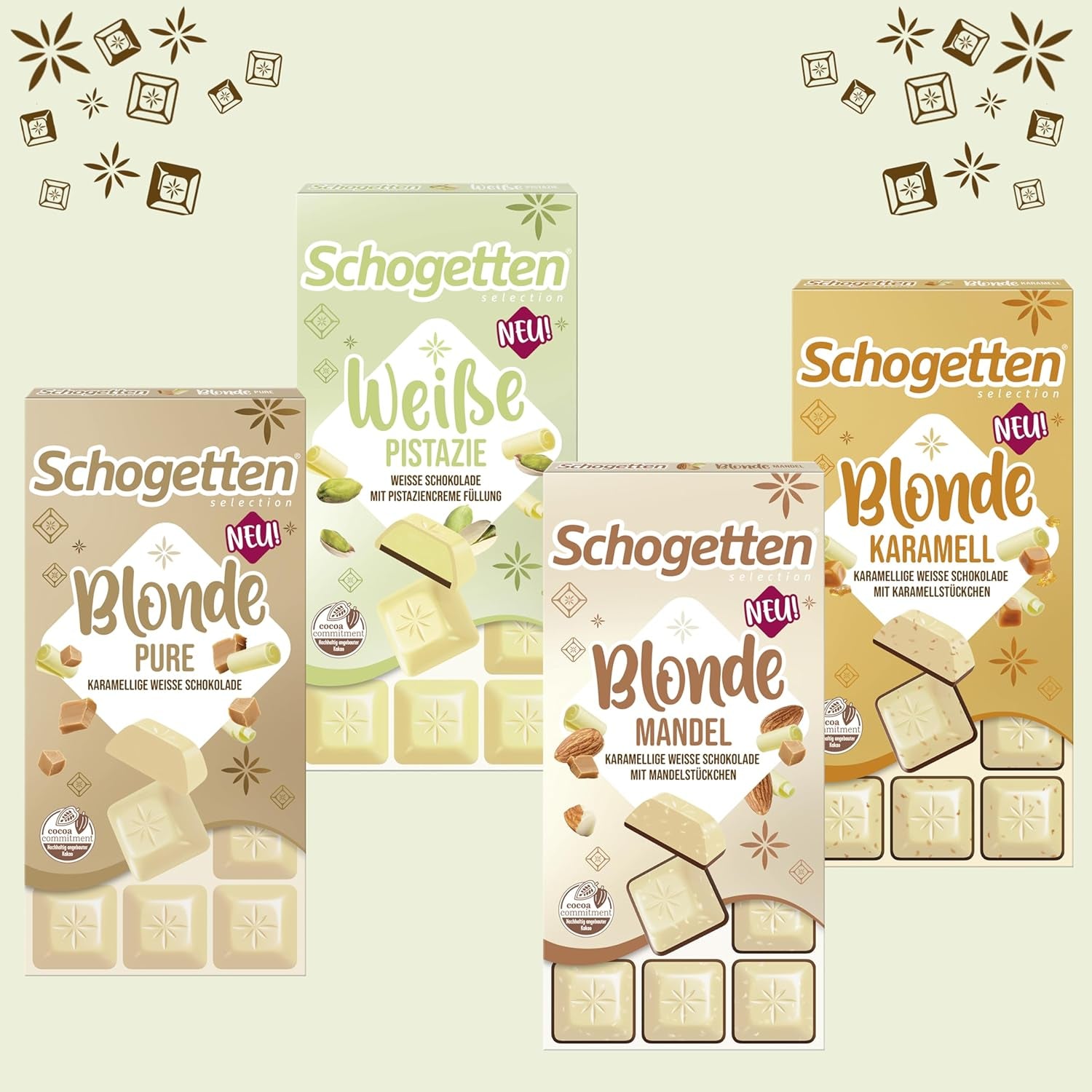 Schogetten Pistacchio Bianco | Cioccolato bianco con ripieno di crema al pistacchio | 100 g| Convenientemente porzionato (confezione da 3)