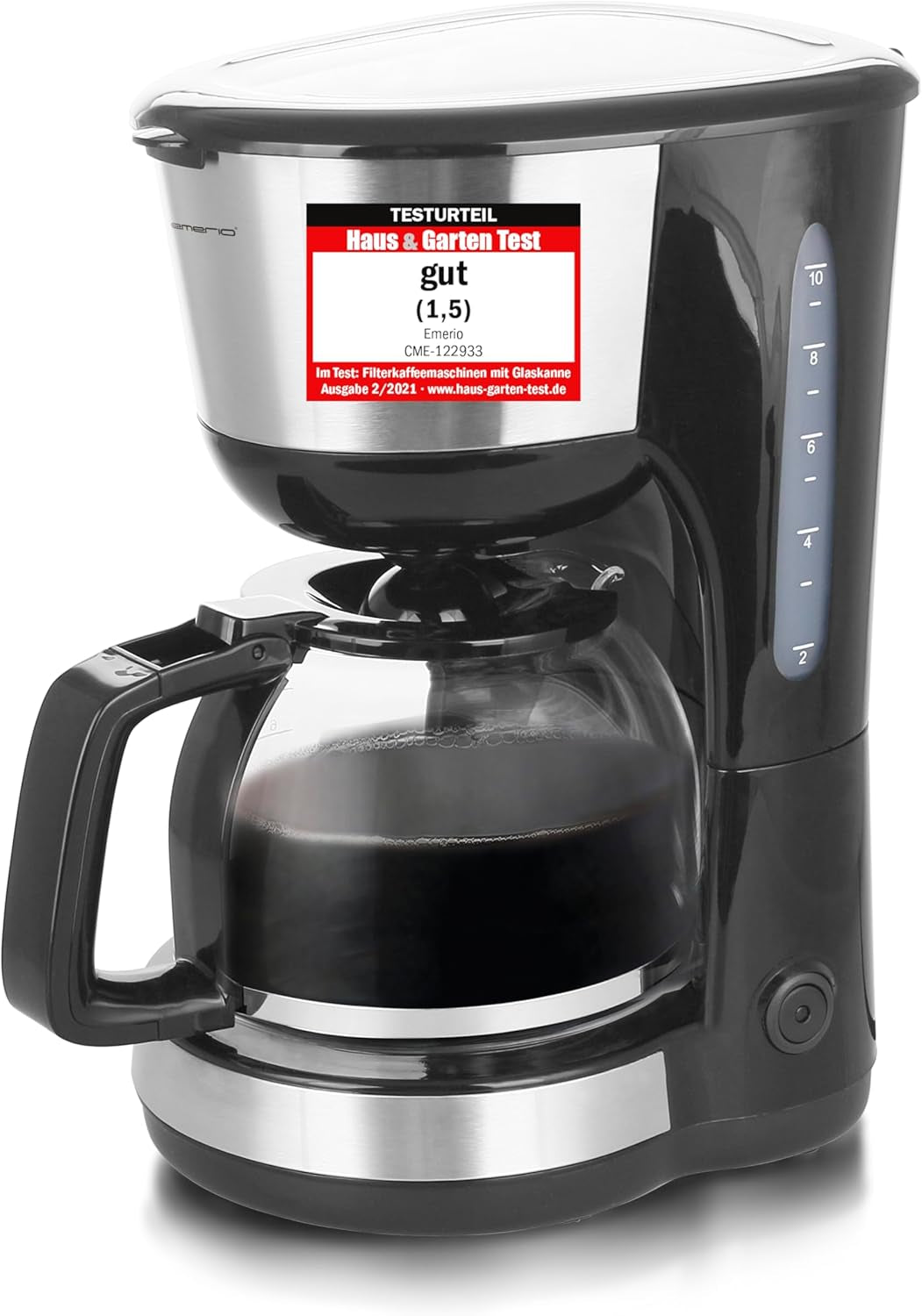 Emerio CME-122933, Cafetieră cu filtru, 1,25 l pentru până la 10 cești de cafea proaspătă, filtru permanent detașabil, funcție anti-picurare, carafă din sticlă, oprire automată, 1000 wați, negru/argintiu