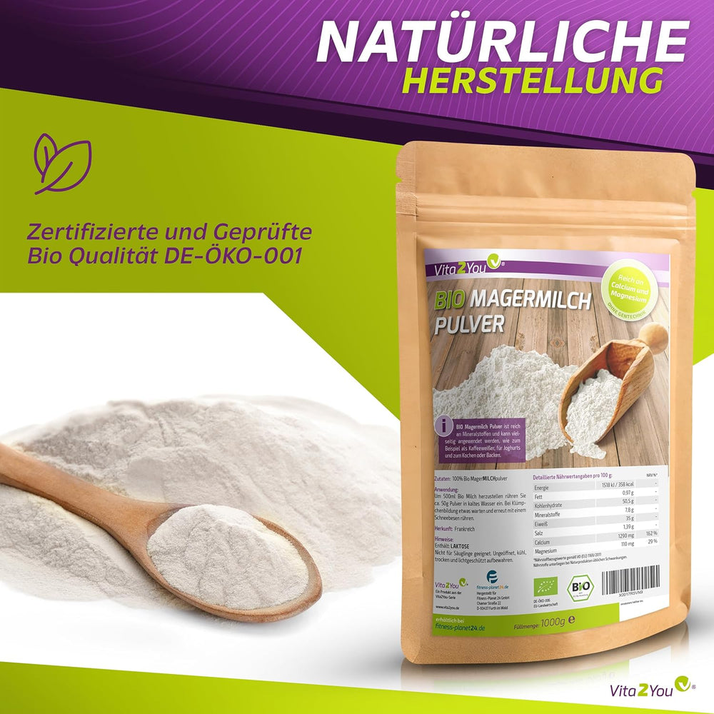 Vita2You Bio Latte scremato in polvere 1000g - 100% Bio Qualität - per cuocere al forno - Kaffeeweißer - Milchpulver für Joghurts - 1kg - Premium Qualität