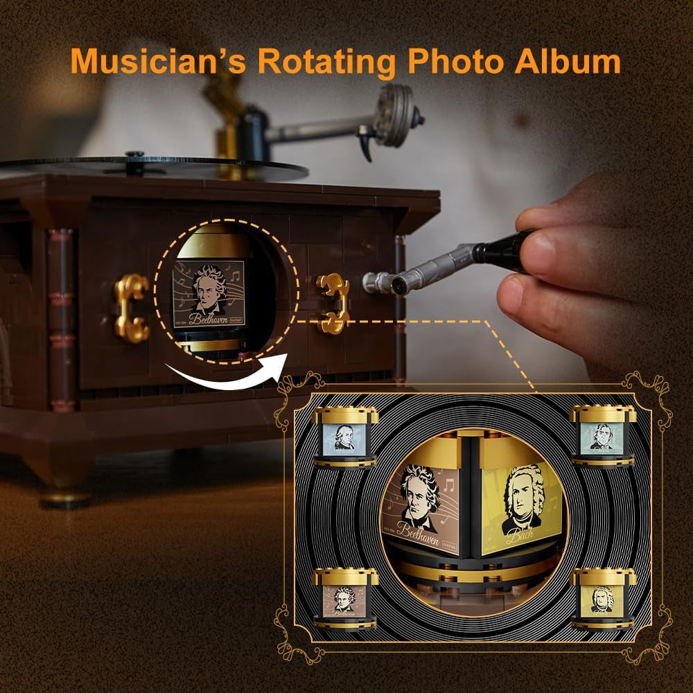 PANTASY Retro-Phonograph-Bausatz, Grammophon-Musikbox-Baukasten, Vintage-Musikspieler-Baustein-Set, Grammophon-Bausteinmodell-Set