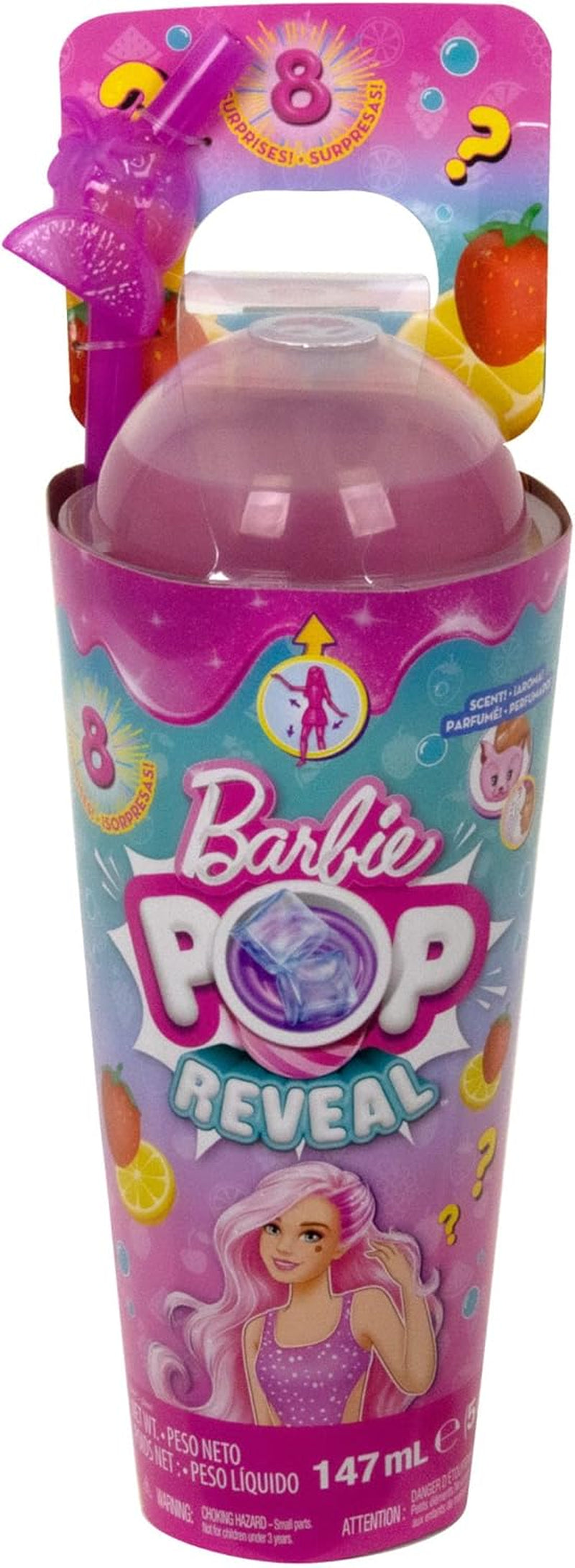 Barbie Pop Reveal Fruit - Păpuși surpriză cu 8 surprize fructate, inclusiv o păpușă poziționabilă cu parfum de limonadă de căpșuni și un cățeluș pufos, vârste 3+, HNW41