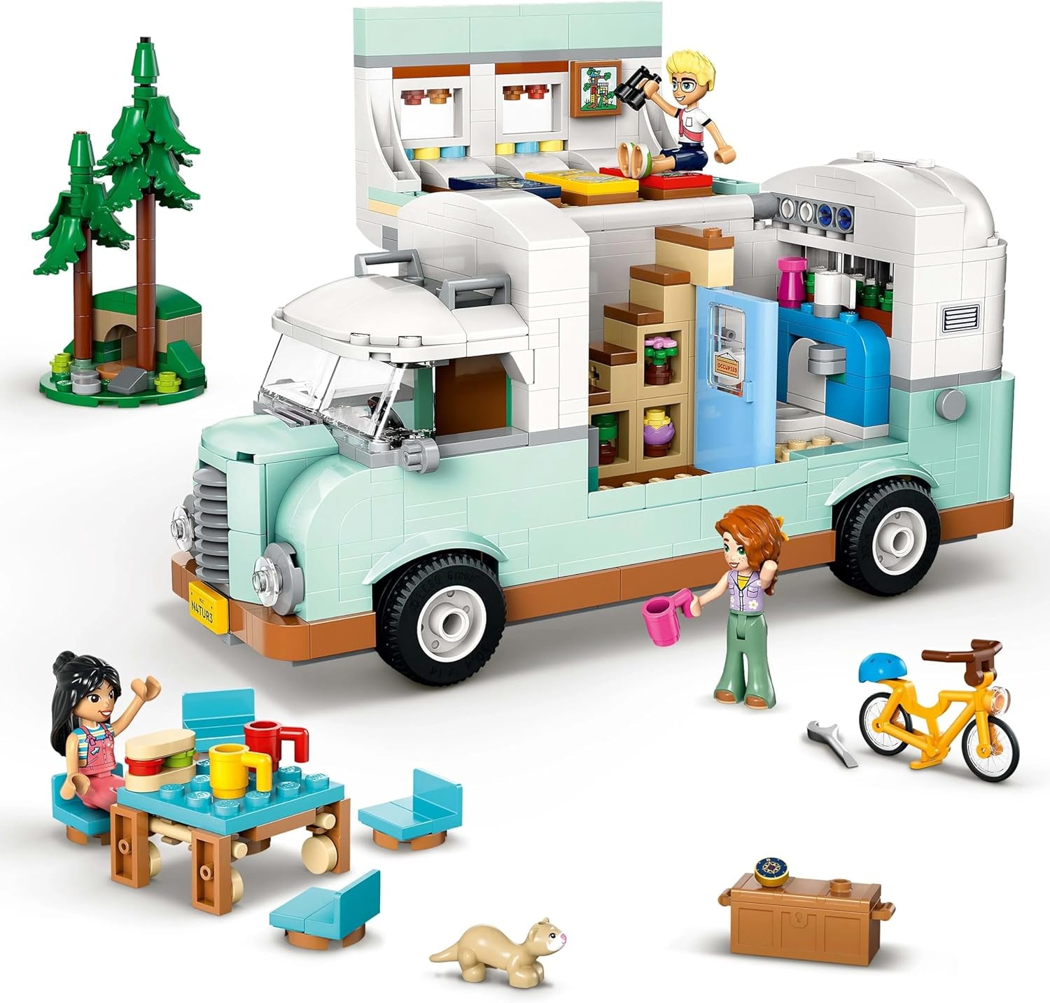 Carovana LEGO Friends, set da costruzione di gioco di ruolo con roulotte giocattolo, regalo per ragazze dai 7 anni in su, set di gioco creativo con 3 minifigure e figura dell'animale furetto 42663 Set da costruzione Besuche den LEGO-Store