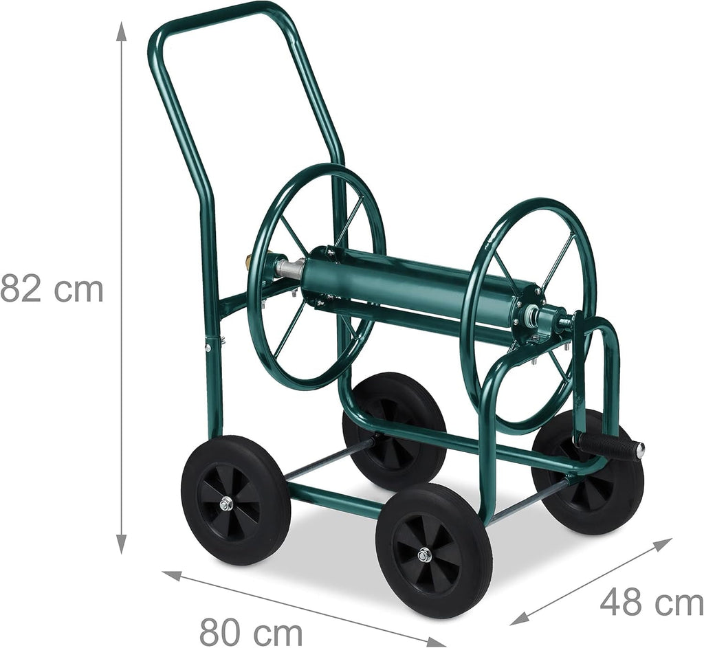 Cărucior furtun Relaxdays, până la 60 m, 4 anvelope din cauciuc solid, cuplaj clic, rolă metalică pentru furtun, distribuitor furtun, verde