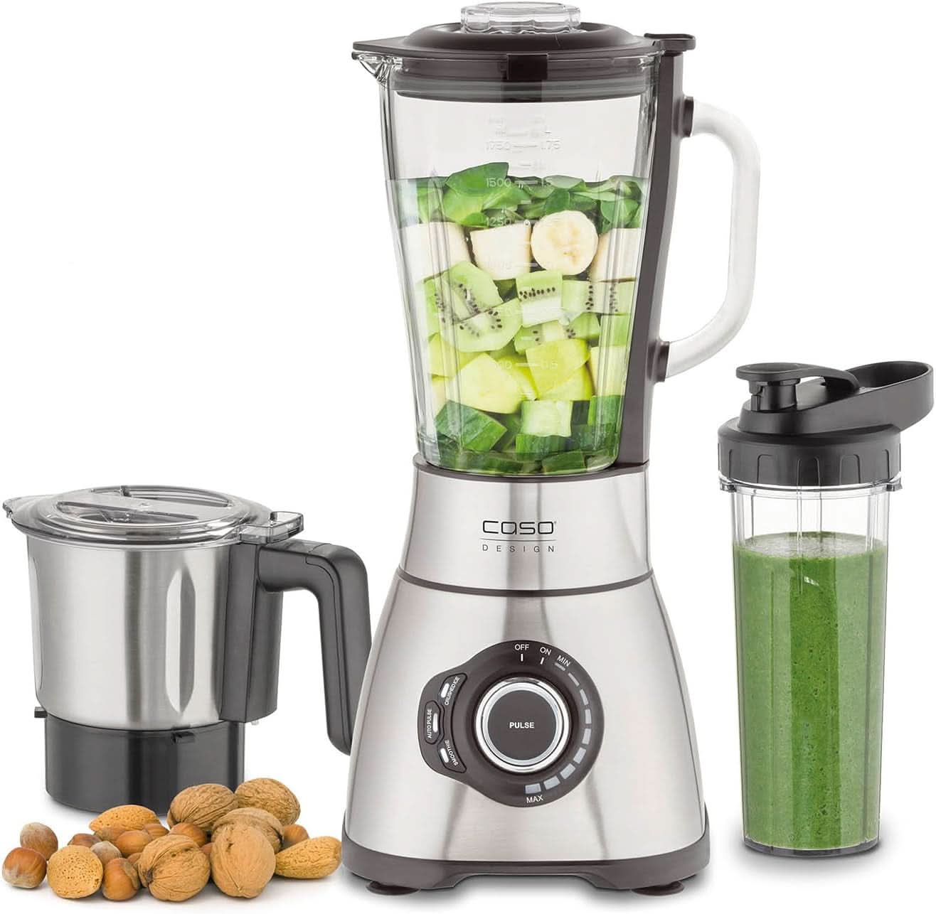 CASO B 1800 Powerblender-Set - Robot da cucina, 28.000 giri/min, bicchiere di vetro 1,75 L, incl. Trinkflasche Und Zerkleiner, Mixer Testsieger Mit Sehr Gut, Edelstahl Naty Shop