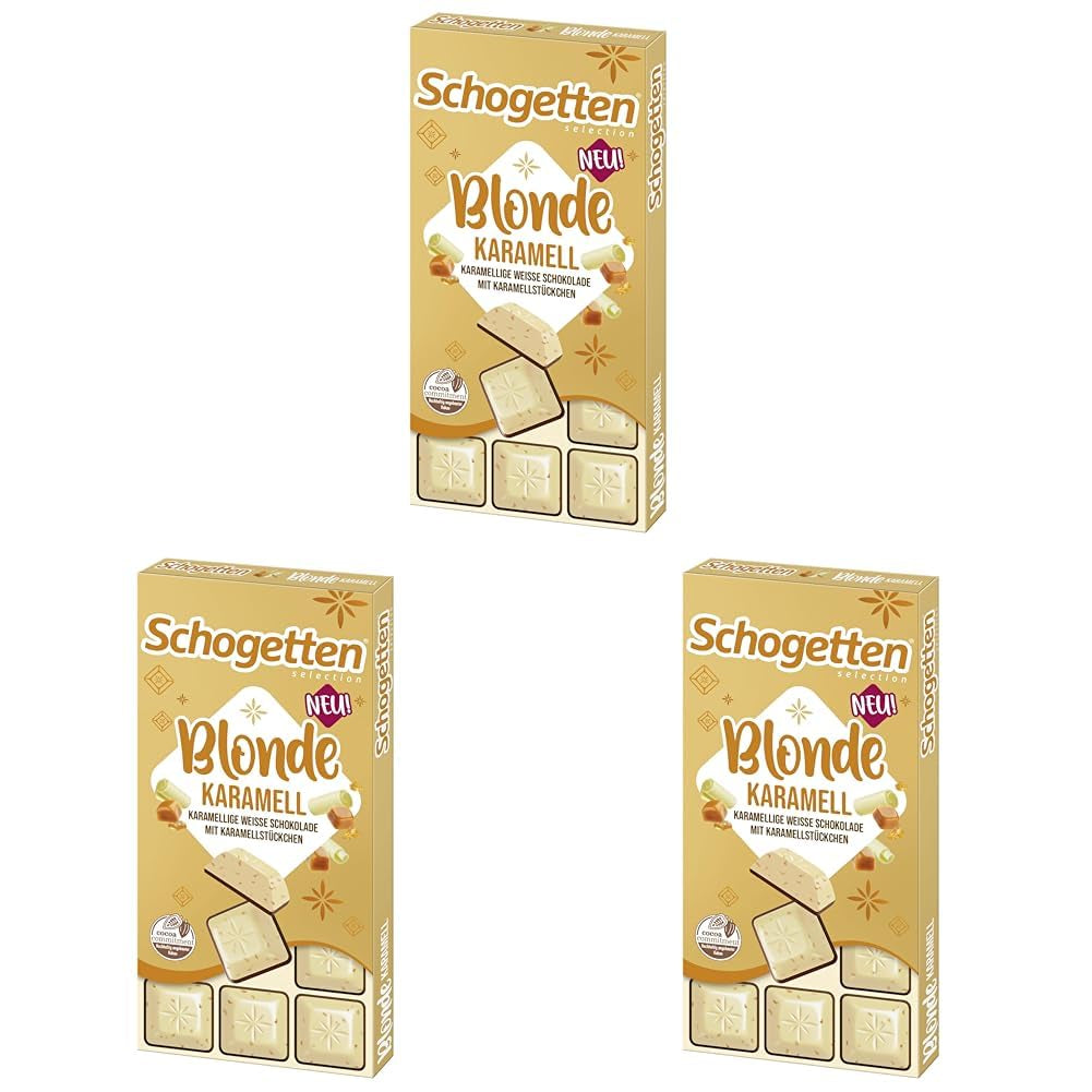 Schogetten Biondo Caramello | Caramello con cioccolato bianco e pezzetti di caramello | Tavoletta di cioccolato 100g | Convenientemente porzionato