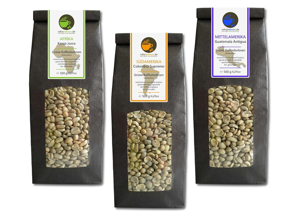 Cafea crudă - Cafea verde Kenya, Columbia, Guatemala (pachet redus boabe de cafea verde 3x500g) - certificată GMP