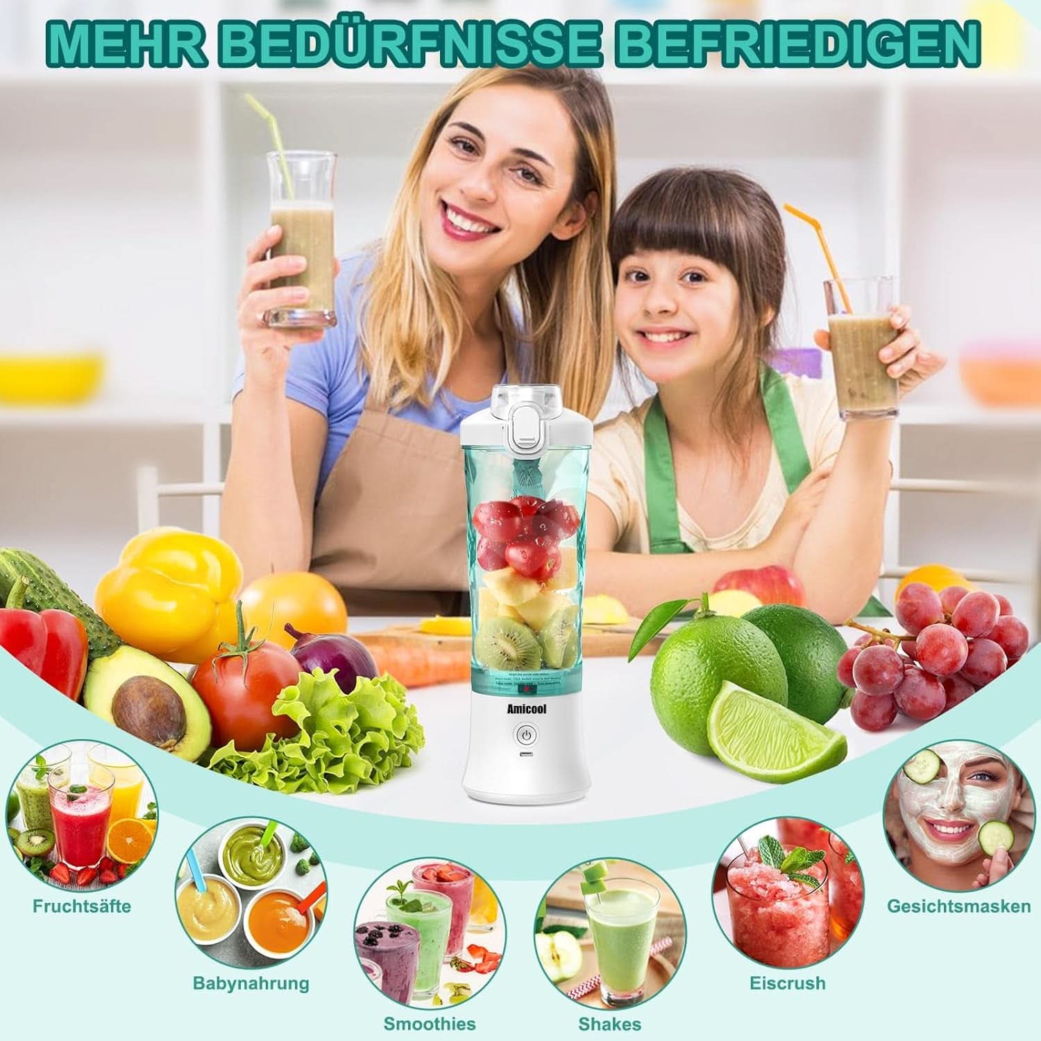Mixer Smoothie Maker to Go, Mini Standmixer Tragbar Mit 6-Klingen Edelstahl, Enstafter Mit Reisedeckel, Frullatore portatile USB Elektrisch Bottiglia da 600 ml, Mixer Shaker Slushy Maker Wasserdichter Bucatarie Naty Shop