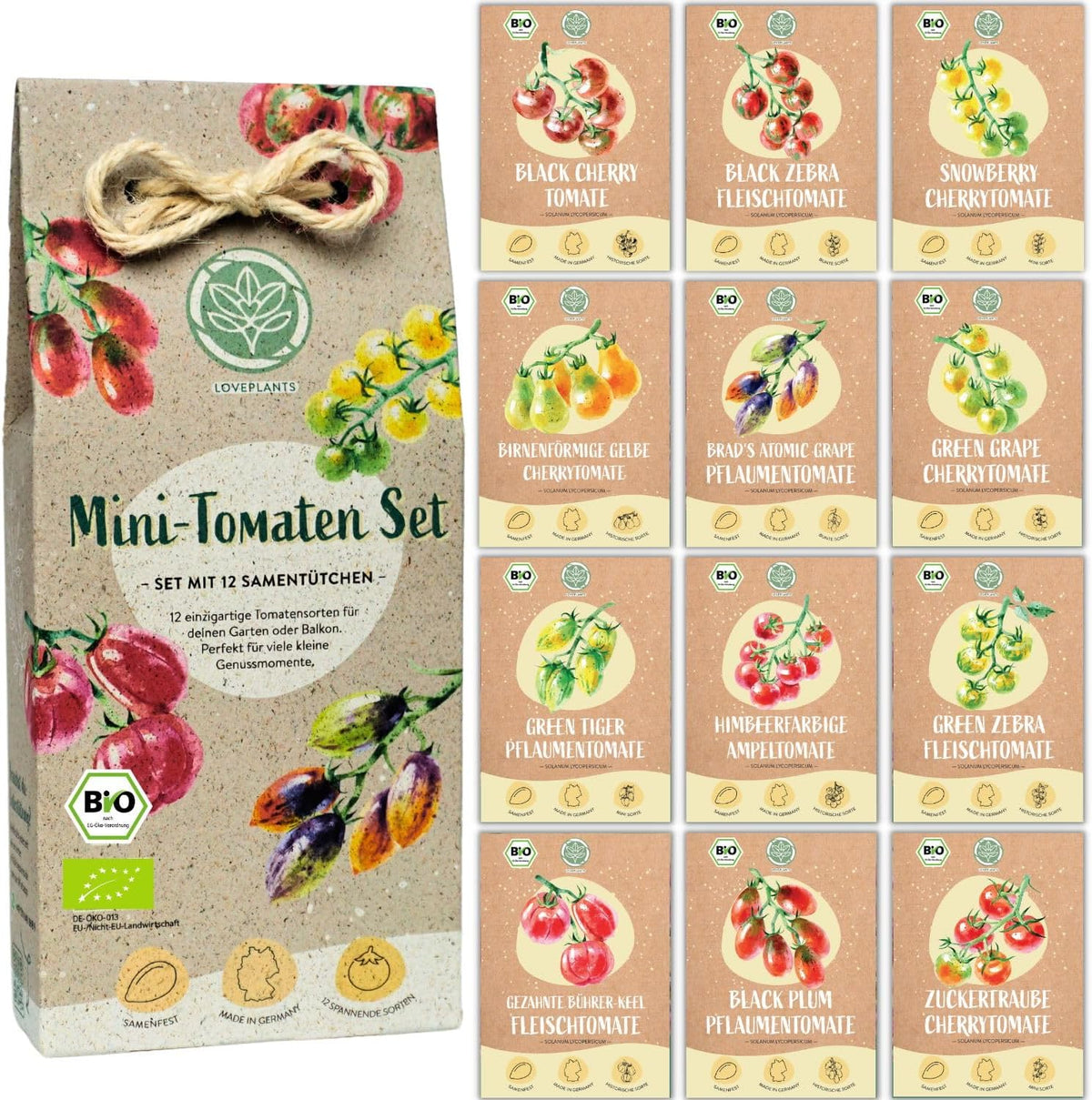 Set di mini semi di pomodoro biologico: 12 varietà di pomodori coltivati ​​liberamente | Semi di pomodoro raro e familiare, ciliegia e bistecca | Sementi di ortaggi per balcone, aiuola rialzata, giardino e regalo | Piante d'amore