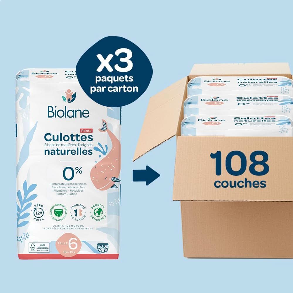 BIOLANE - Pantaloni scutece - Marimea 6 (16 + kg) - Fara scurgeri timp de 12 ore - Pachet 1 luna - 108 scutece - Ecologic Mama si Copilul Naty Shop