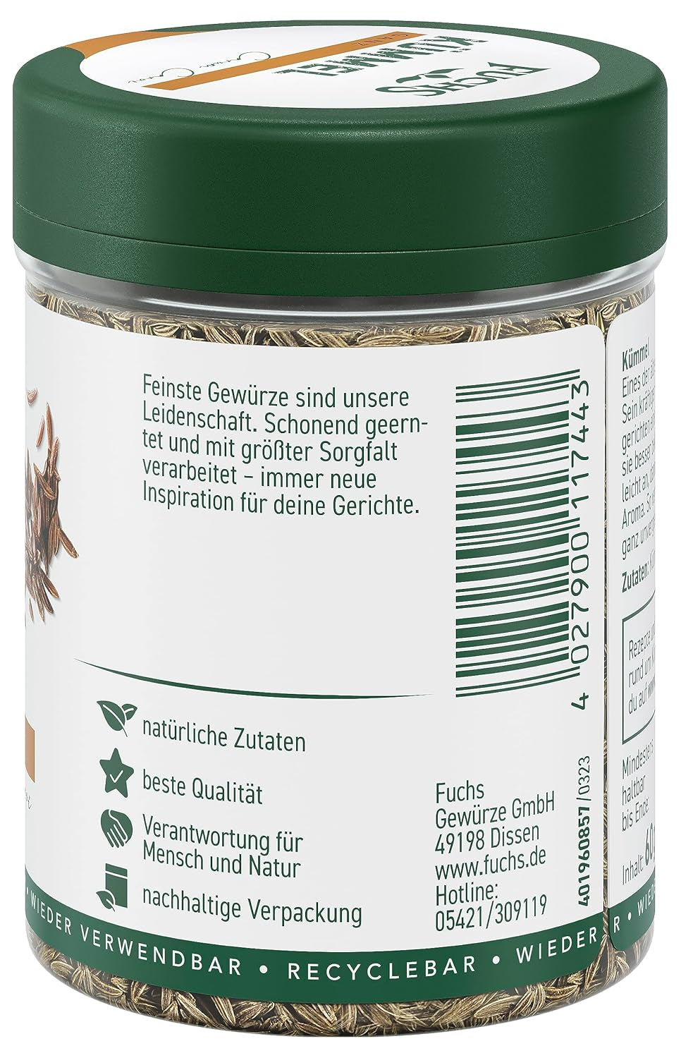 Fuchs Gewürze - Kümmel ganz - kräftiges Gewürz für Kohl- und Fleischgerichte oder zu Bratkartoffeln - natürliche Zutaten - 60 g in wiederverwendbarer, recyclebarer Dose