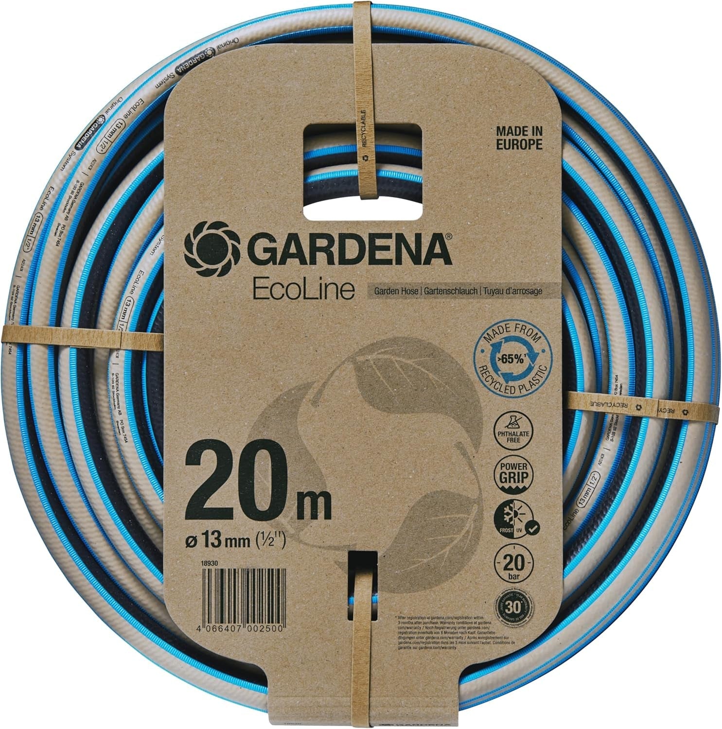 Furtun Gardena EcoLine 1/2 inch, 20 m fără componente de sistem: Furtun de grădină sustenabil fabricat din plastic reciclat, fără ftalați și poluanți, funcție de prindere puternică, rezistent la îngheț și UV (18930-20)