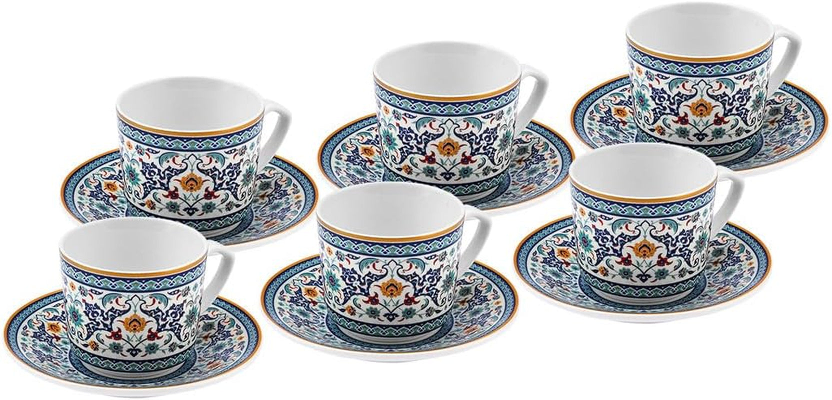 KARACA Beylerbeyi - Set de cești de cafea turcească, 12 piese, Set de 6 cești de espresso din porțelan cu farfurioare, Set de cești de espresso de 80 ml, Design tradițional - Albastru