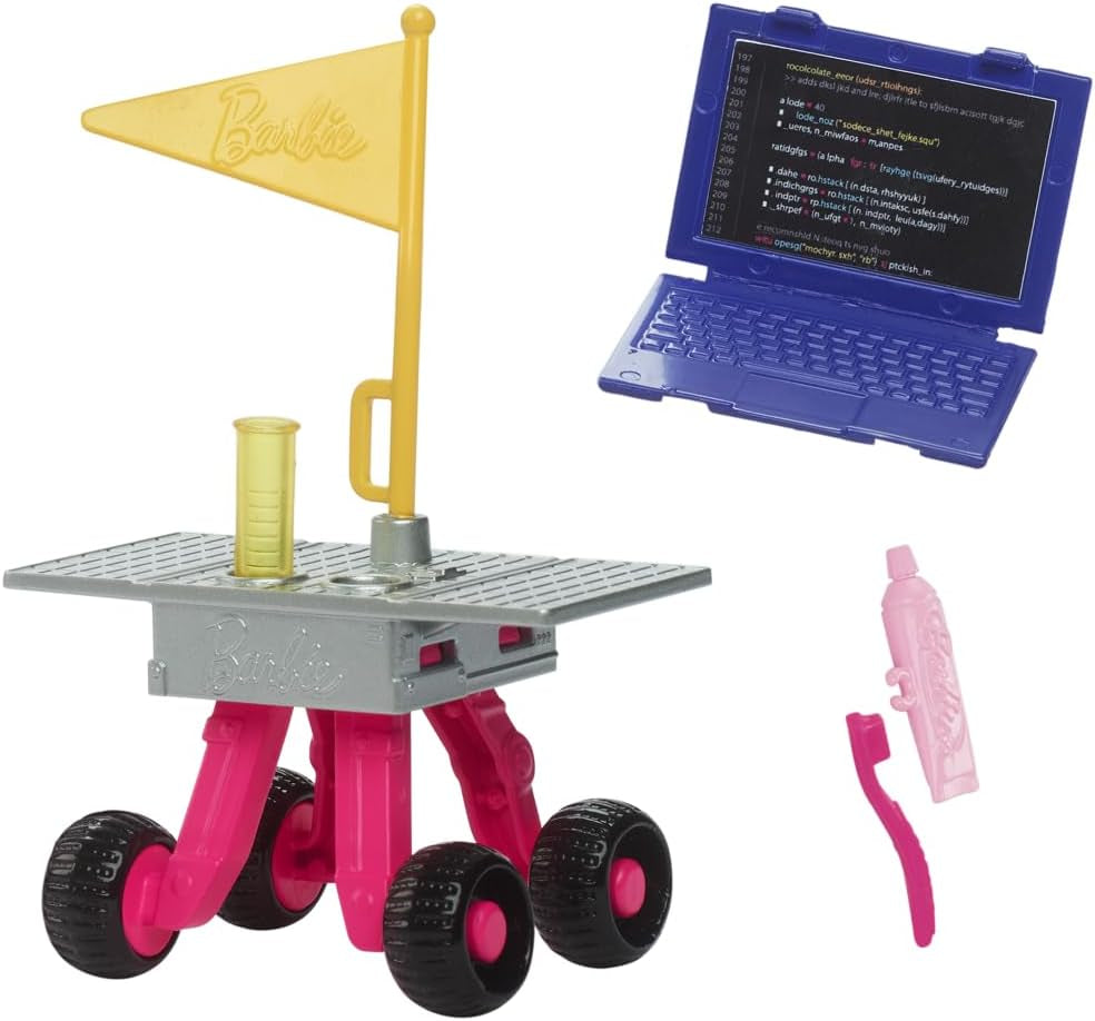 Păpușă Barbie aniversară de 65 de ani și 10 accesorii, set astronaut cu păpușă brunetă, rover cu roți, cască spațială cu vizieră schimbătoare și multe altele, HRG45