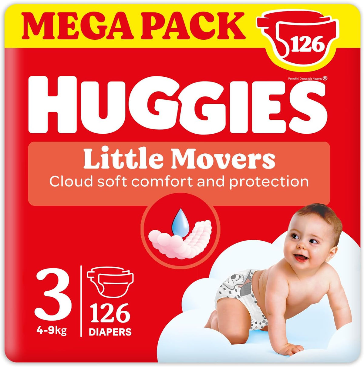 Pannolini Huggies Ultra Comfort/Little Movers, taglia 3 (4-9 kg), design Disney, assorbenti, protezione completa, 126 pezzi