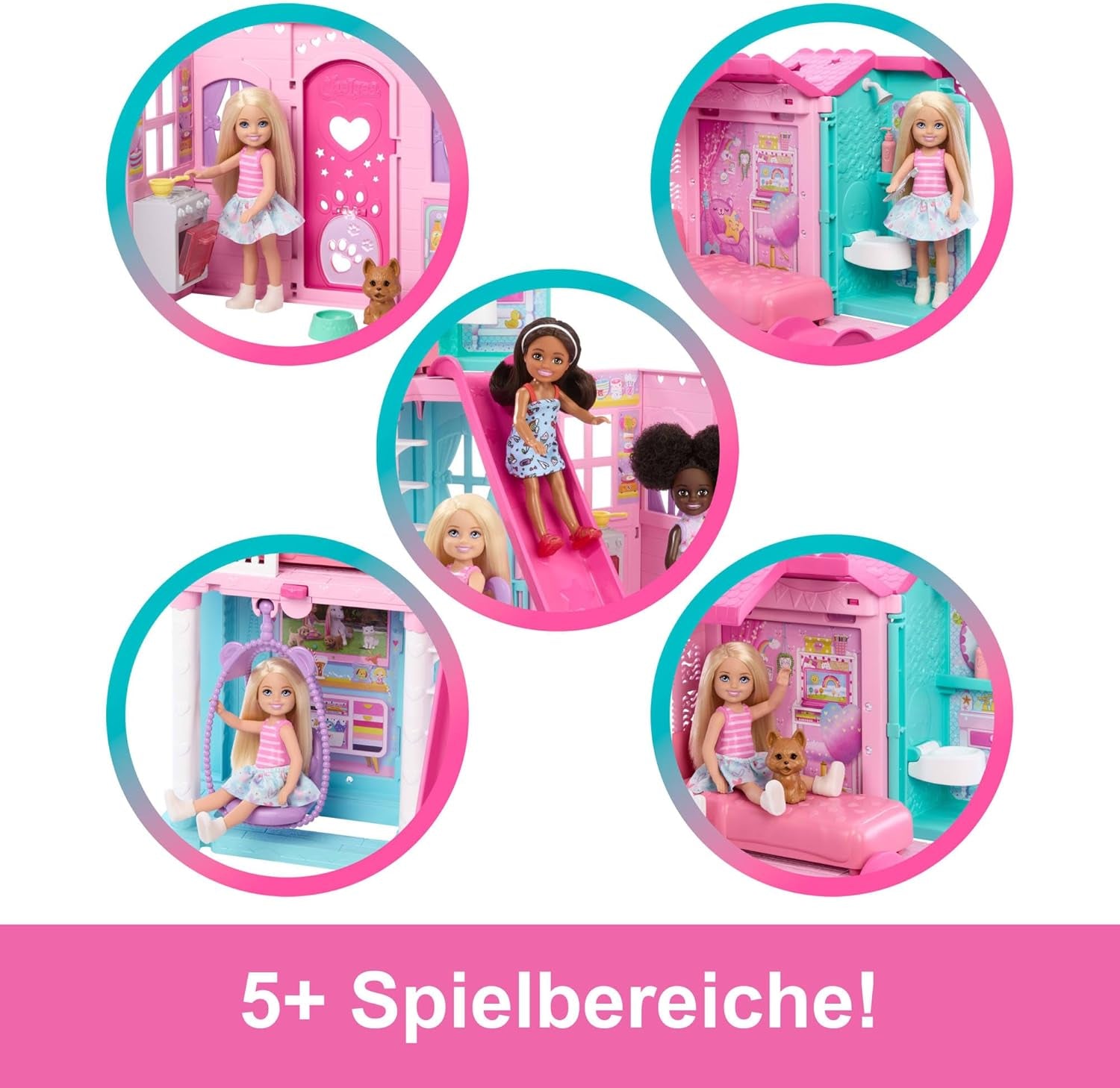 Casă de păpuși Barbie Chelsea cu peste 15 accesorii, căsuța pop-up se extinde la peste 42 x 33 cm cu 5 zone de joacă și un tobogan, cu o păpușă mică și un câine, JFW49