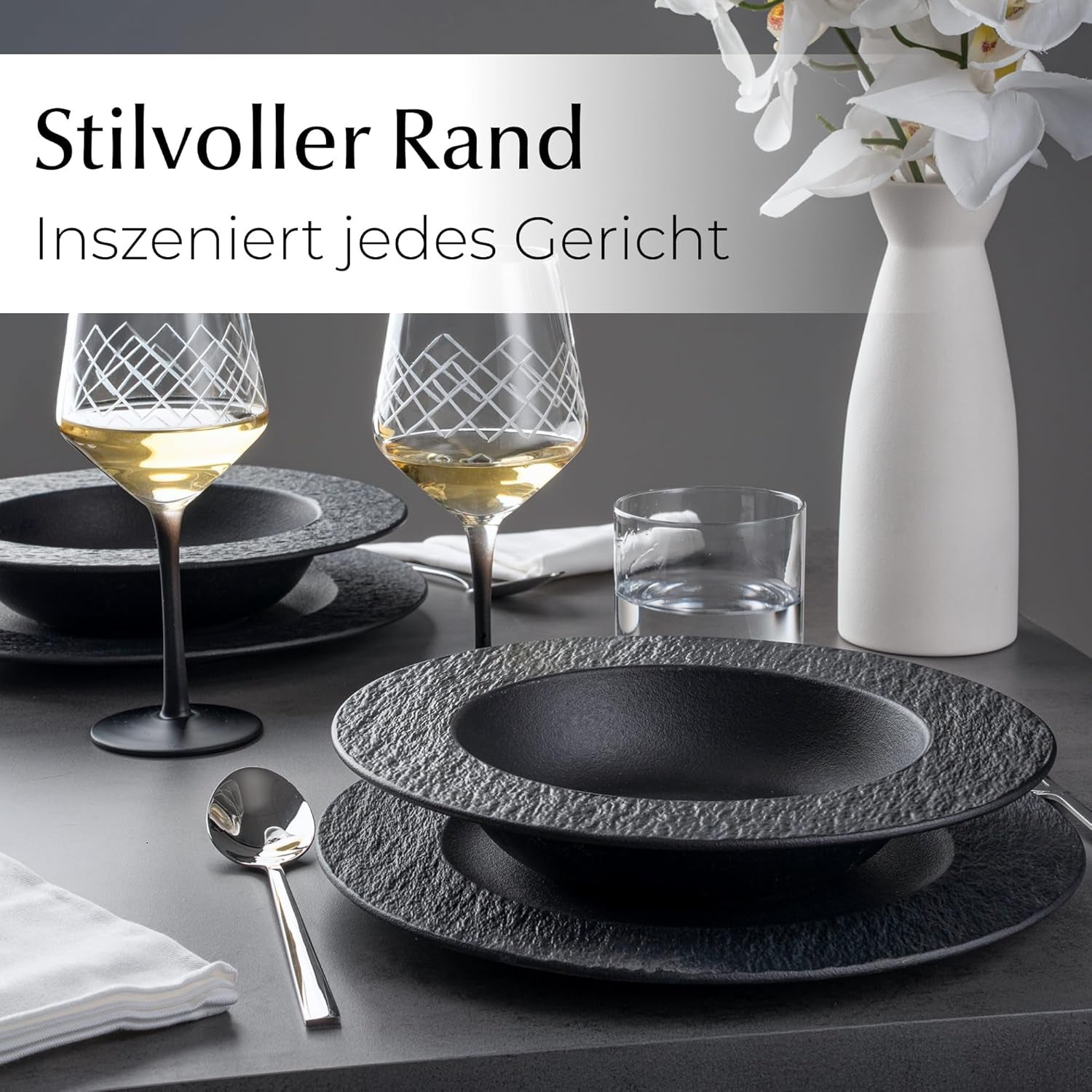 MIAMIO – Set de 4 farfurii pentru paste, 26 cm, farfurii adânci mari pentru supă, veselă ceramică modernă, alb-negru, potrivită pentru cuptorul cu microunde și mașina de spălat vase – Colecția Oasis (Negru)