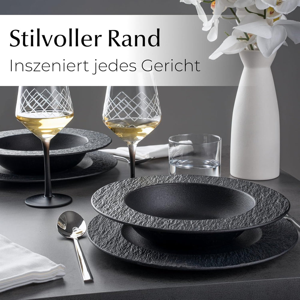 MIAMIO – Set de 4 farfurii pentru paste, 26 cm, farfurii adânci mari pentru supă, veselă ceramică modernă, alb-negru, potrivită pentru cuptorul cu microunde și mașina de spălat vase – Colecția Oasis (Negru)