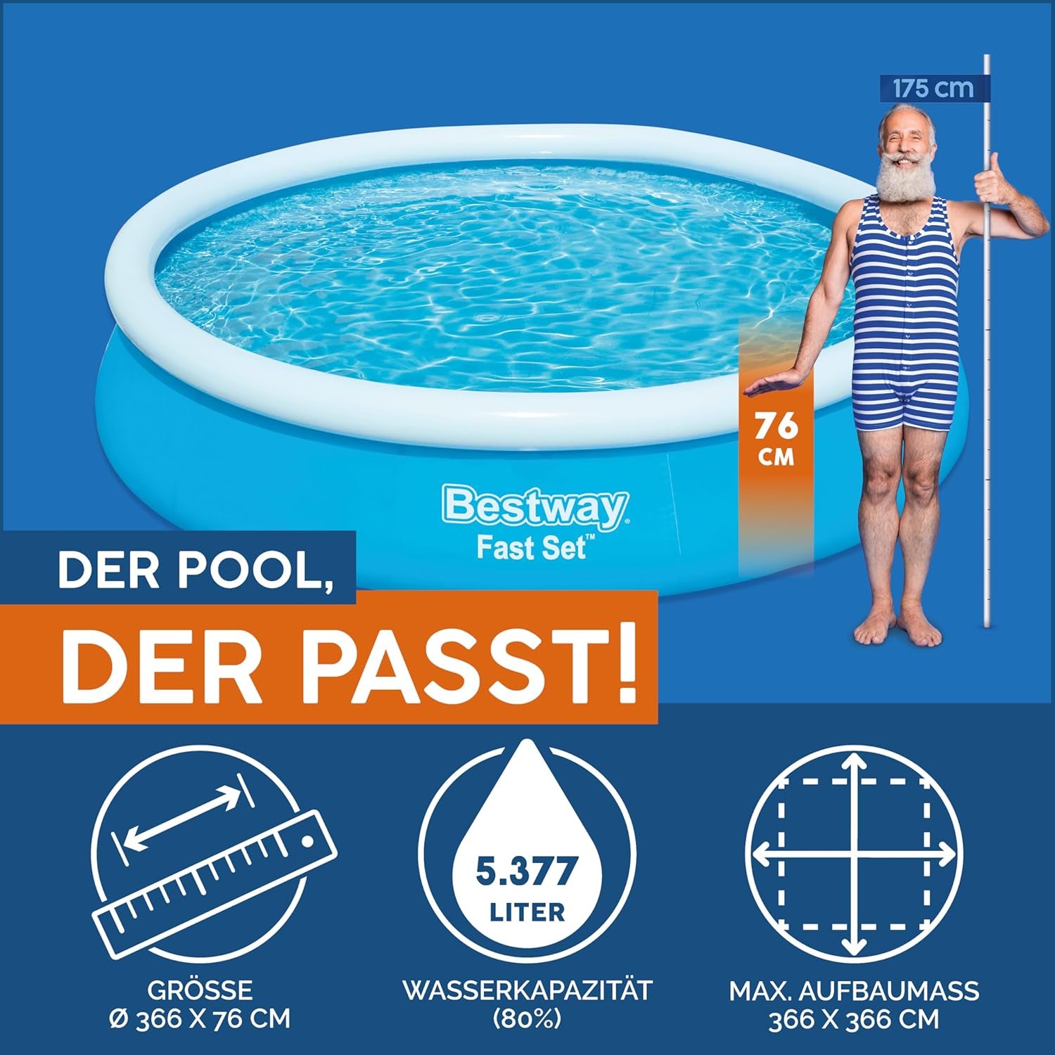 Piscina Bestway Fast Set, senza pompa, blu, 366 x 76 cm, senza accessori