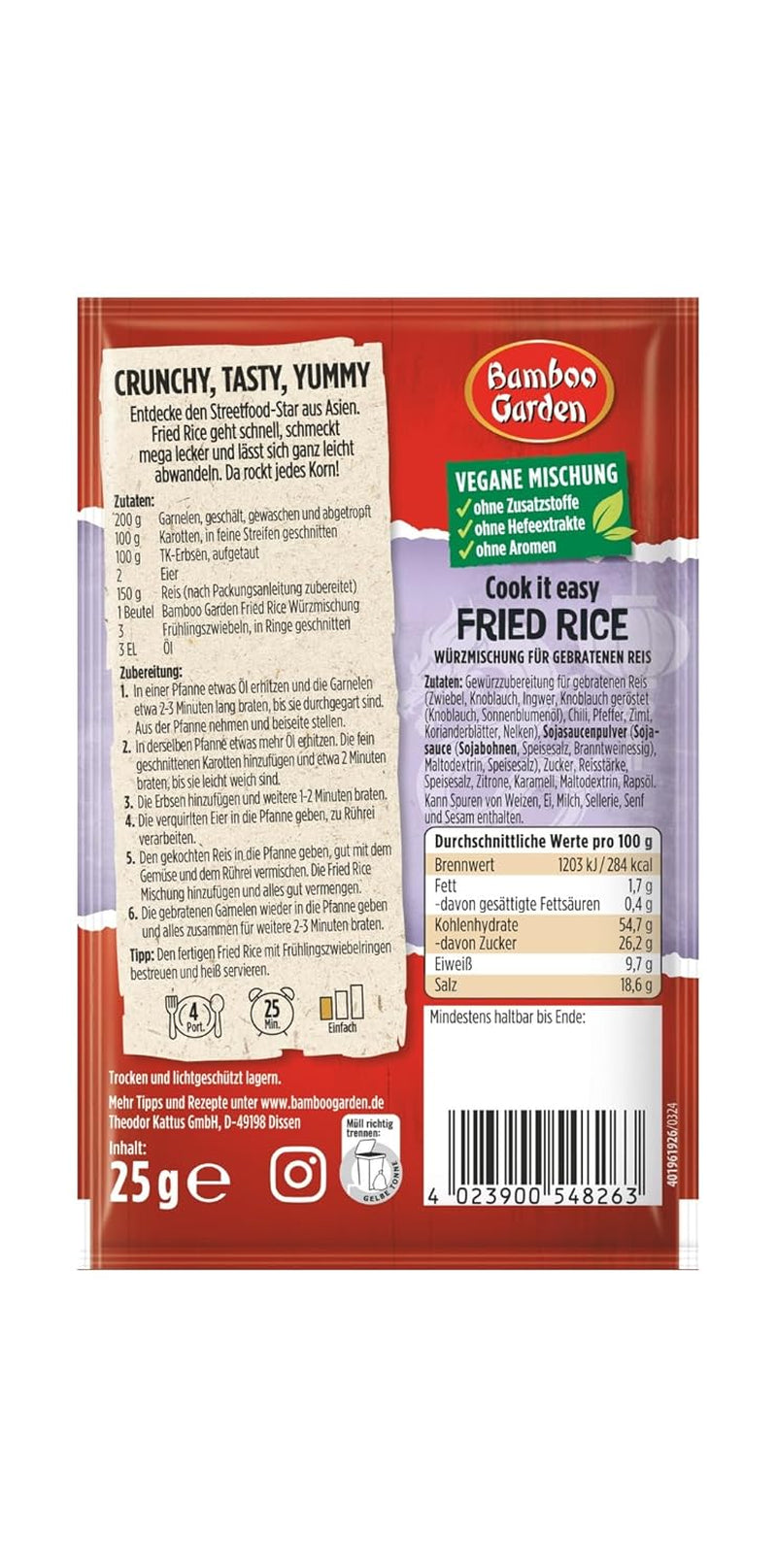 Giardino di bambù - Riso fritto Würzmischung | Gewürz für gebratenen Reis | Per 4 porzioni | Vegano, ohne Hefeextrakte, ohne Aromen | 25 g in busta