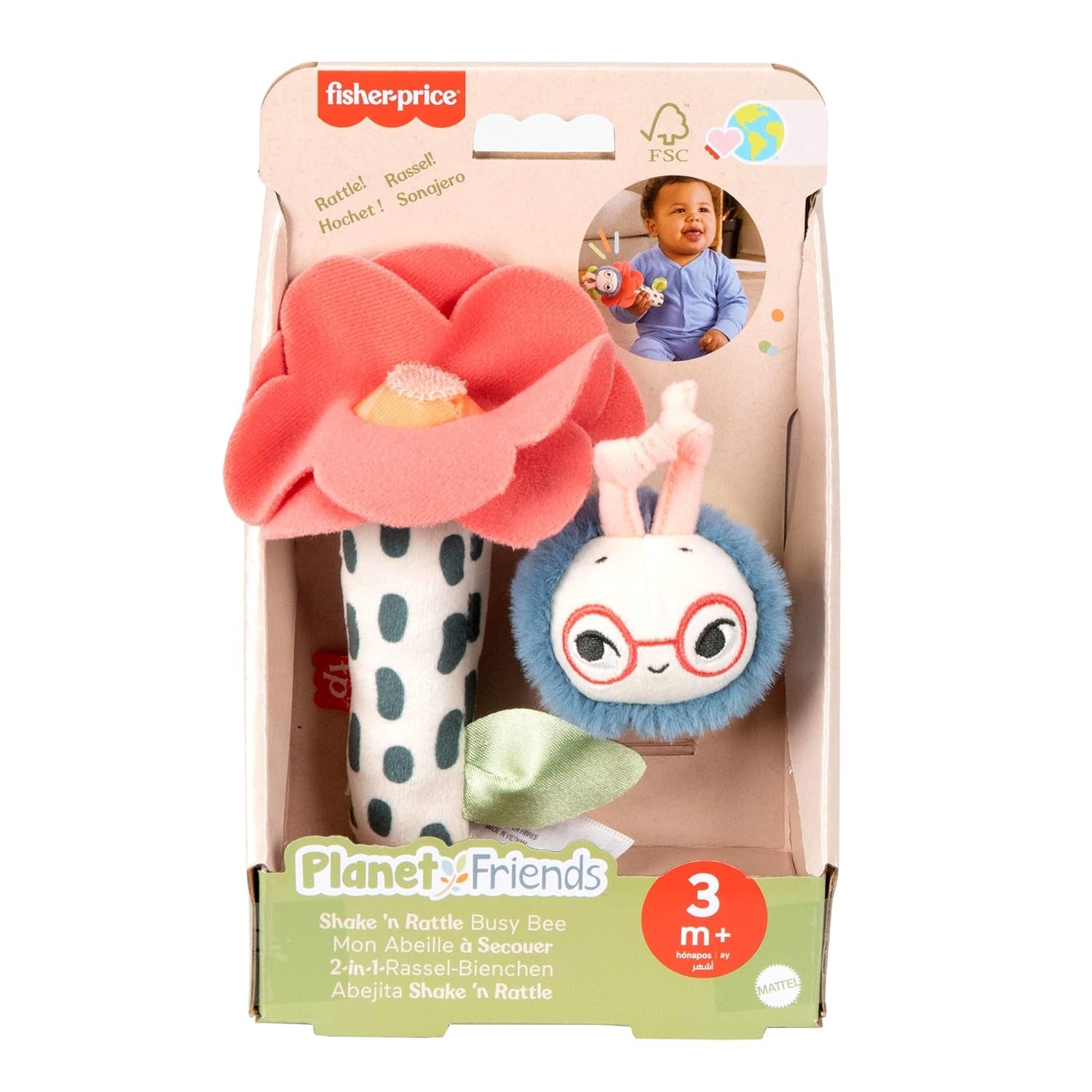 Jucărie pentru bebeluși Fisher-Price Planet Friends 2-in-1 jucărie senzorială de pluș cu clopoțel și albină, ca set din două piese pentru nou-născuți de la 3 luni, HYR56 Jucarii Bebe Naty Shop