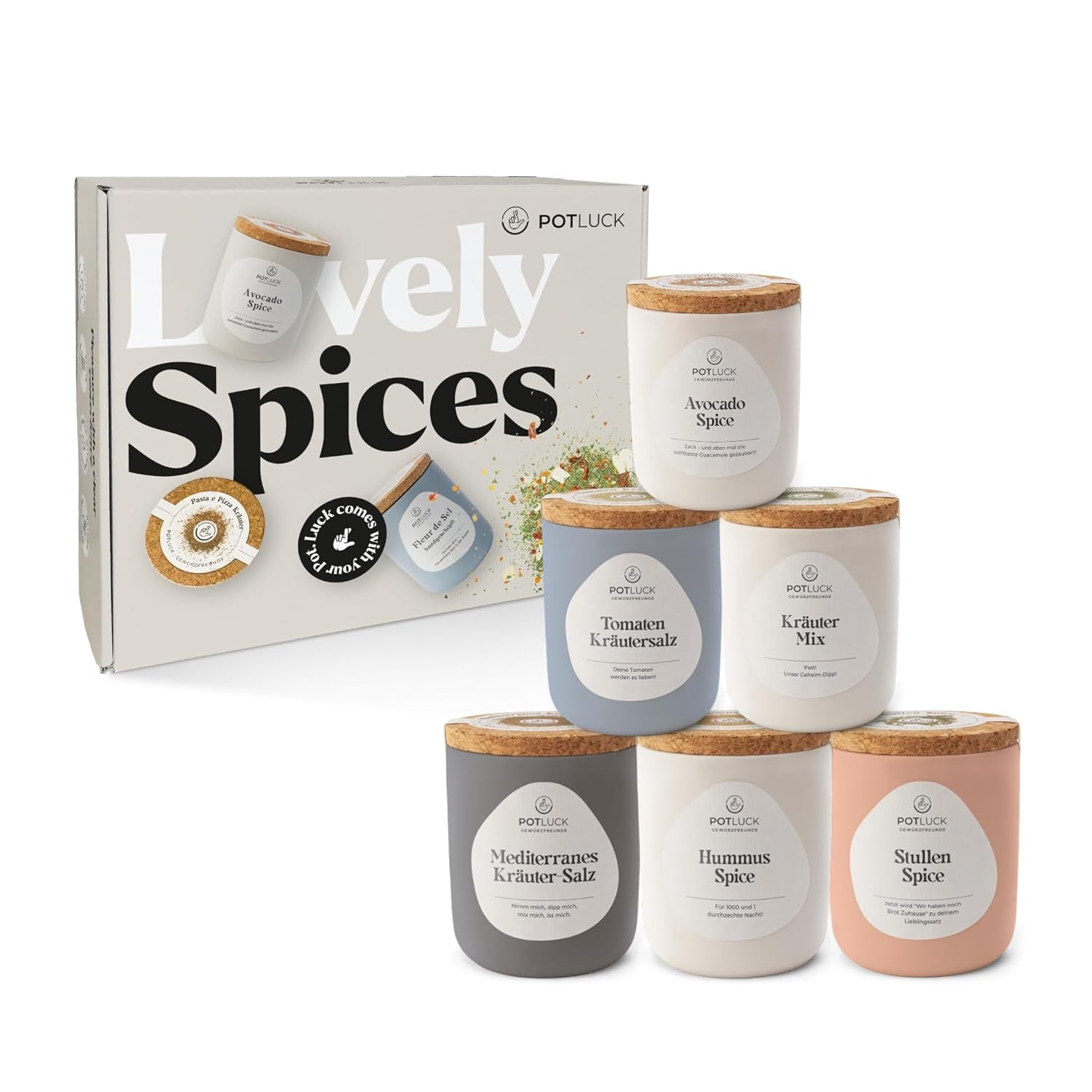 Potluck | Set per amanti dell'insalata 6er | Gewürzmischungen im Keramiktopf | Vegano, senza glutine e con ingredienti naturali