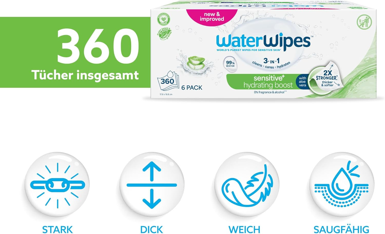 Salviette umidificate WaterWipes Sensitive+ Hydrating Boost, salviette idratanti, 360 pezzi (confezione da 6), 3 in 1 per pulire, curare, idratare, acqua di aloe vera al 99%, salviette per neonati senza profumazione