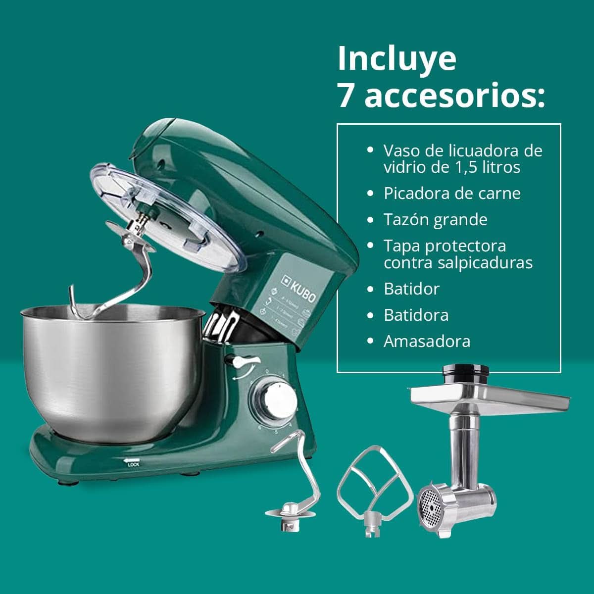 Küchenmaschine - 7 Zubehörteile: Mixbecher, Fleischwolf, Große Schüssel, Schutzdeckel, Schneebesen, Mixer Und Netmaschine - Farbe: Grün - Fassungsvermögen: 6 Liter Mother and Child Naty Shop