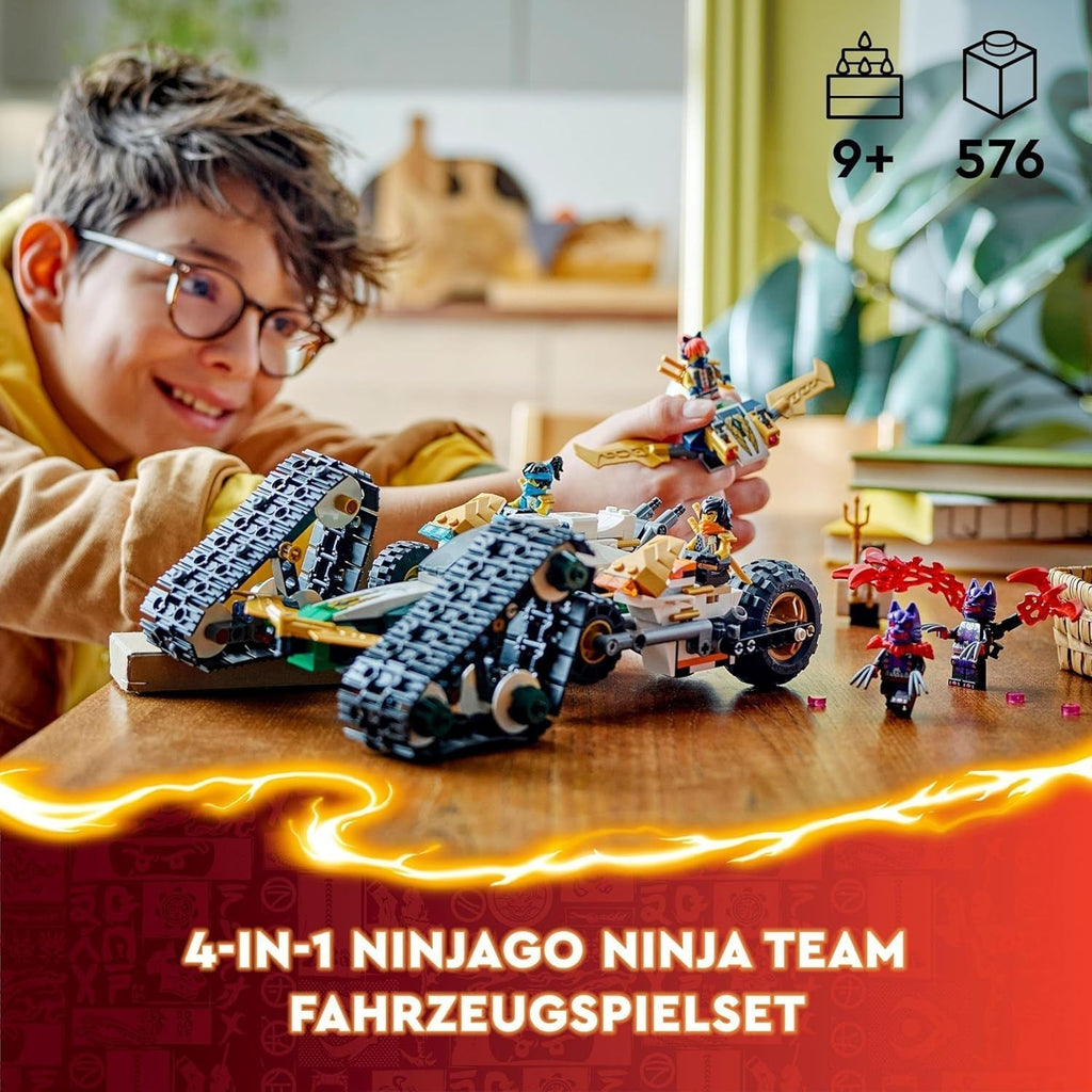 LEGO NINJAGO Ninja Team Combi Caterpillar, set 4 în 1 cu planor, mașină de curse și 2 motociclete și 6 minifigurine, cadou pentru băieți și fete, jucărie Ninja 71820 Seturi de constructie Besuche den LEGO-Store