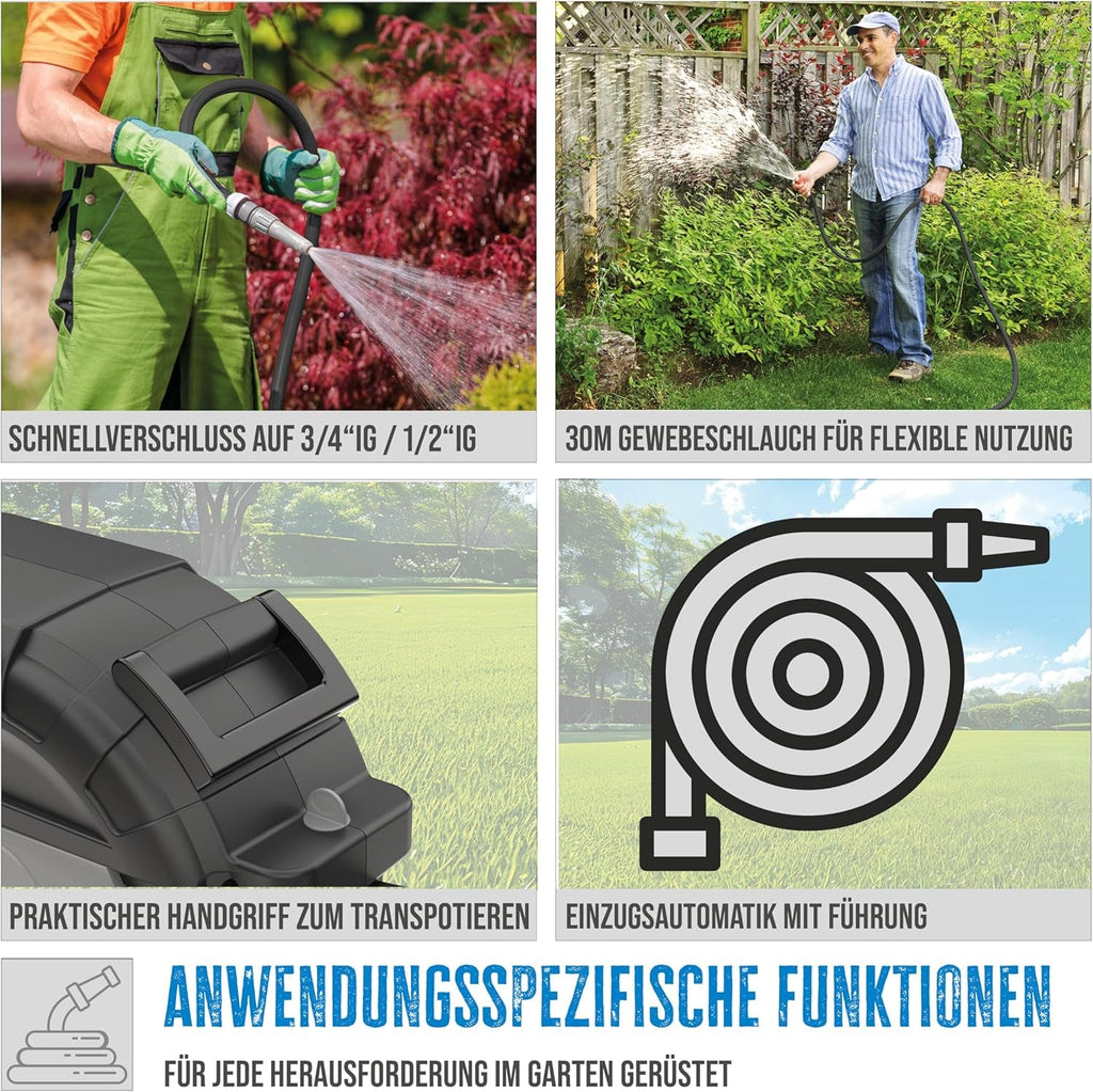 Rolă automată pentru furtun Güde 30-2-2 1/2 (rotație la 180°, pentru montare pe perete, furtun de 30 m, pulverizator de apă, suport de perete, retragere automată, opritor retragere, mâner de transport, 2 cuplaje rapide)