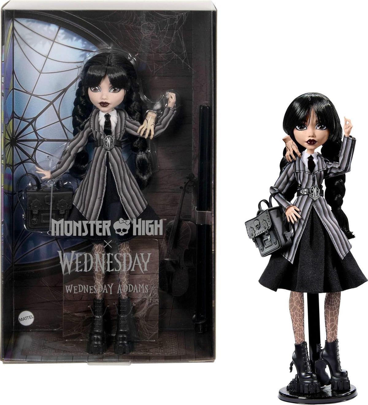 Monster High Wednesday Puppe und Accessoires, Wednesday Addams Sammelfigur in Nevermore Academy Uniform mit Eiskaltem Händchen und Rucksack, Puppenständer, HXJ04