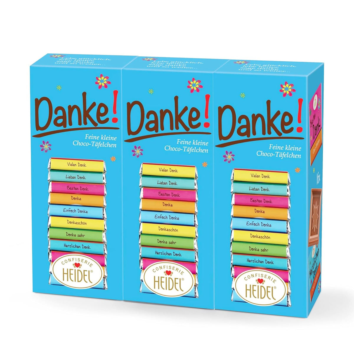 Heidel Thank You tavolette di cioccolato al latte 3x80g, 16 mini-barrette da 5g per confezione, Varie espressioni di gratitudine, Squisita idea regalo