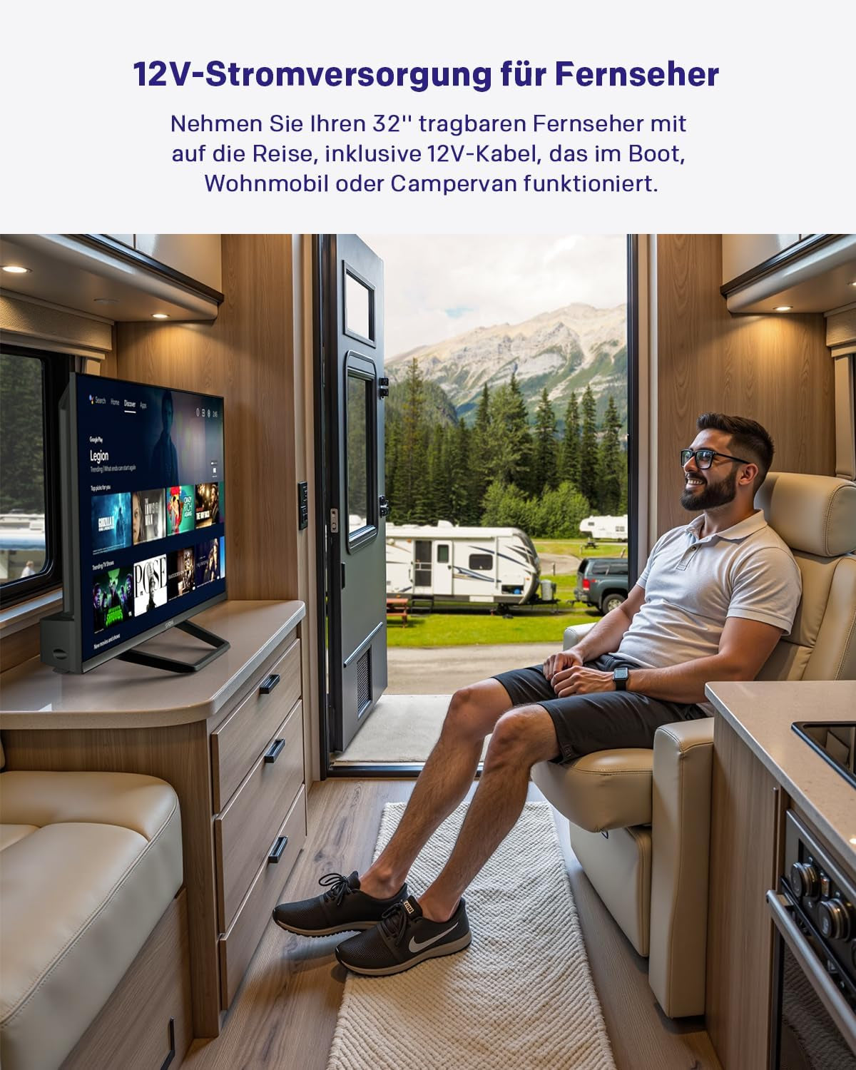 Televizor HD STRONG SRT32HG4723C de 32'' - DVB-S2/C/T2, 12V Ideal pentru autorulote, bucătării, dormitoare, bărci, 2 porturi HDMI + 1 port USB + Mini-AV + conexiune antenă/satelit - Negru