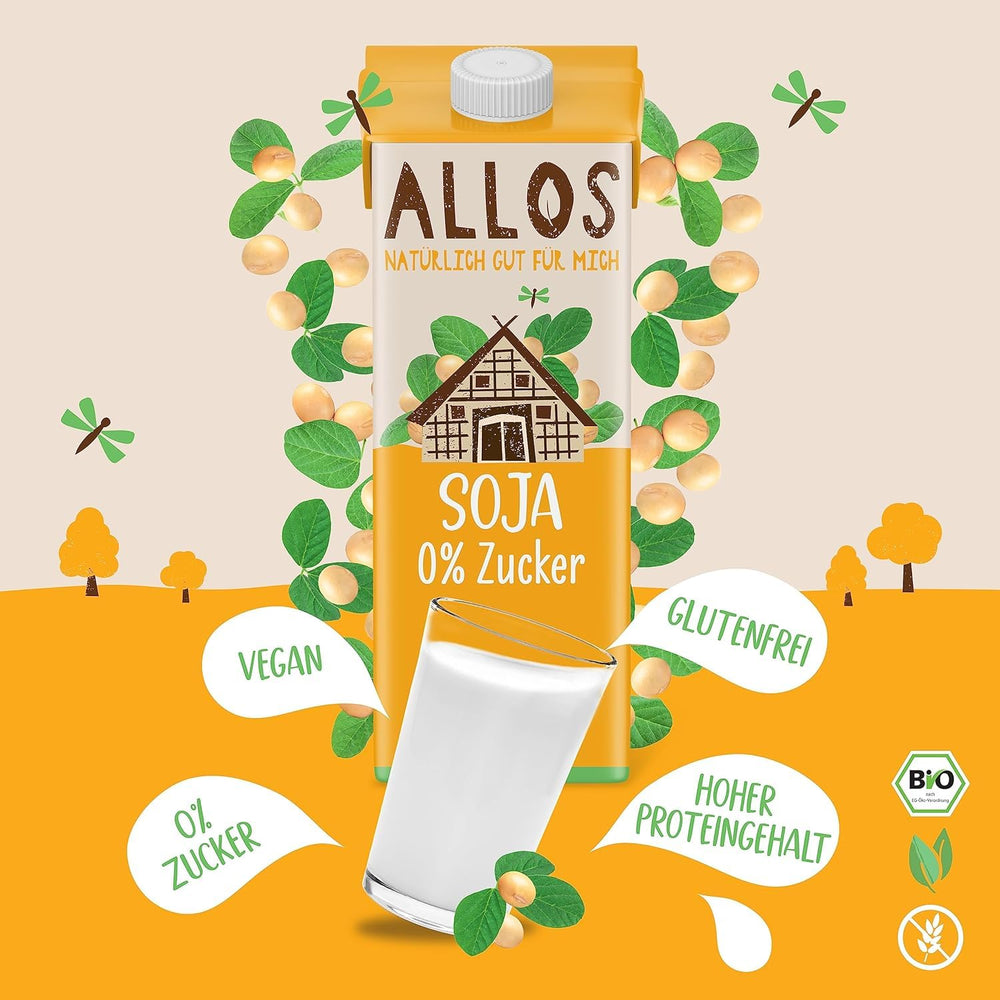 Allos Bio Sojadrink ohne Zucker | Milchalternative aus Soja | Bevanda alla soia | Drink auf Pflanzenbasis | Bevanda vegana | ohne zugesetzten Zucker | vegano | senza lattosio | 1 litro (6 pezzi)