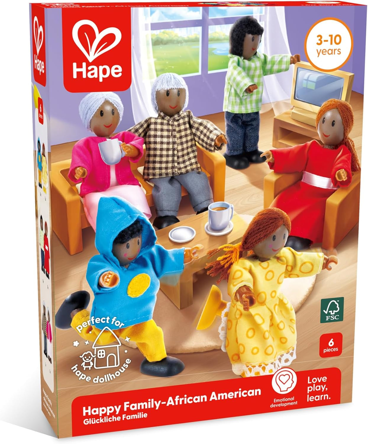 Hape Doll Family – Set de accesorii pentru casă de păpuși cu 6 piese, culoare piele închisă, cu figurine din lemn și material textil, joc de rol, jucărie educativă, jucărie interactivă de învățare pentru copii cu vârsta de 3 ani și peste