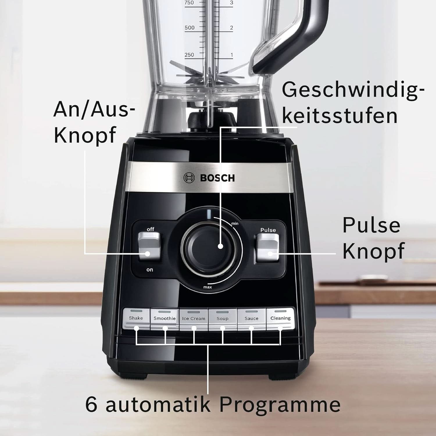 Robot da cucina Bosch Vitaboost MMBH6P6BDE, 6-Klingen-Edelstahlmesser, 2.5L Tritan-Mixbehälter, Stopfer, 6 Automatikprogramme, Rezeptbuch, Bpa-Frei, Einfache Reinigung, 45.000 U/Min, 1600 W, Schwarz Bucatarie Naty Shop