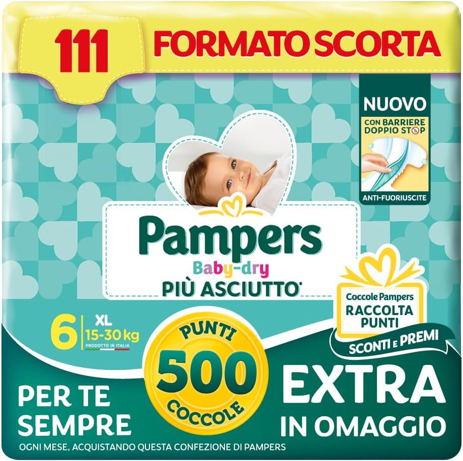 Pampers Baby Dry XL Taglia 6 (15-30kg), 111 Pannolini + 500 Punti Coccola Extra Gratis