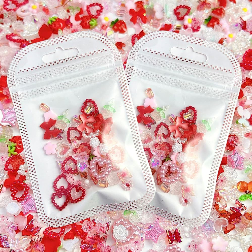 100Pcs 3D Nail Charms Rosa Rot Kirsche Erdbeere Blume Nagel Charms Kamelie Rose Schmetterling Nail Art Charms Flatback Herz Schleife Charms Nägel Zubehör Mond Stern Nagelschmuck Nageldesign Anhänger