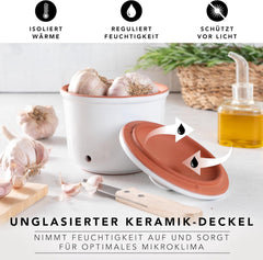 Römertopf Fresh Pot MINI 0,6 litri - Oală de usturoi ceramică - Argila respirabilă păstrează legumele proaspete pentru mai mult timp - Circulație ideală a aerului - Alb Cutii depozitare alimente Naty Shop