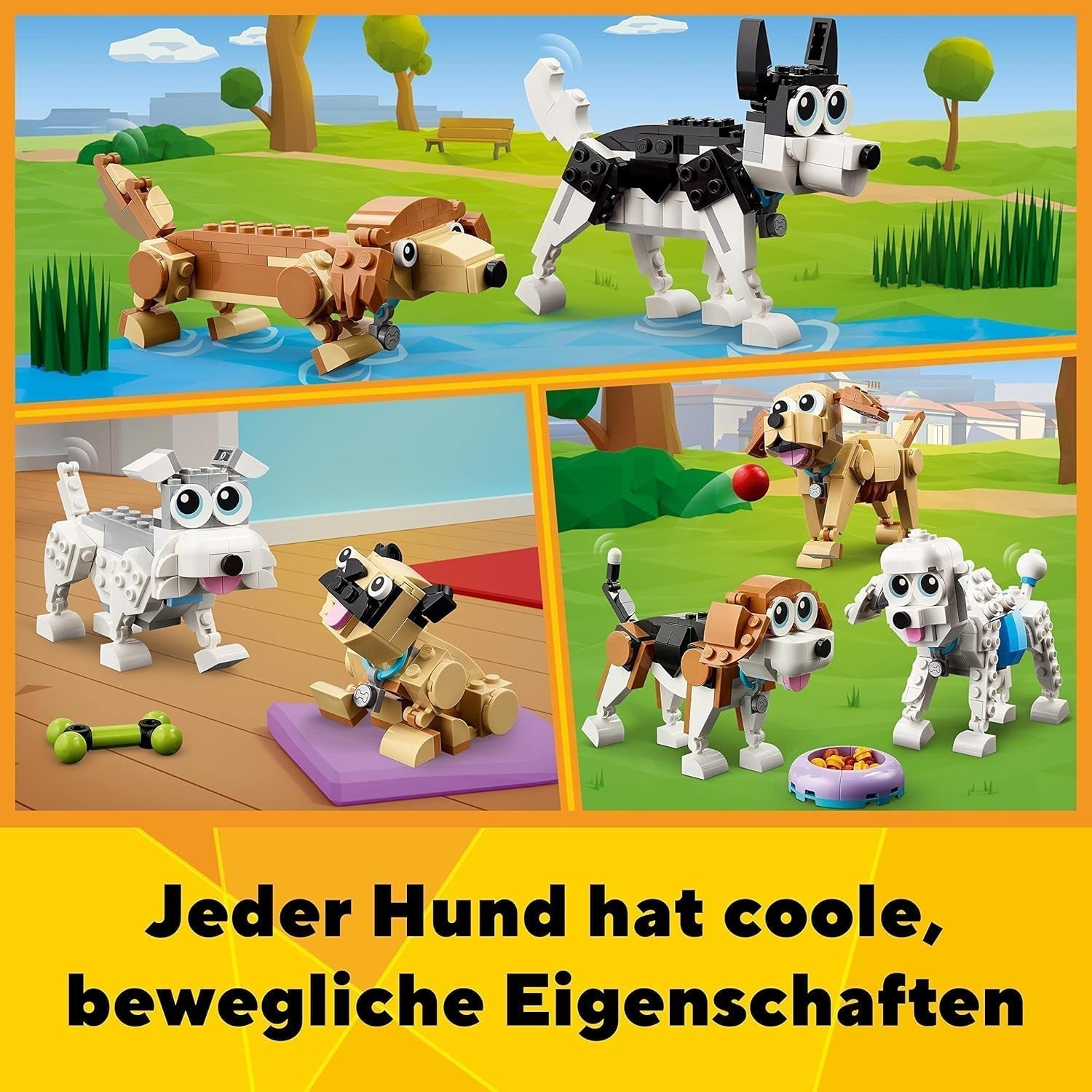 LEGO Creator 31137 Set simpatico cane 3 in 1 con figure di animali bassotto, carlino, barboncino e altri, giocattolo per bambini 7+, regalo per gli amanti dei cani Set di costruzione Besuche den LEGO-Store
