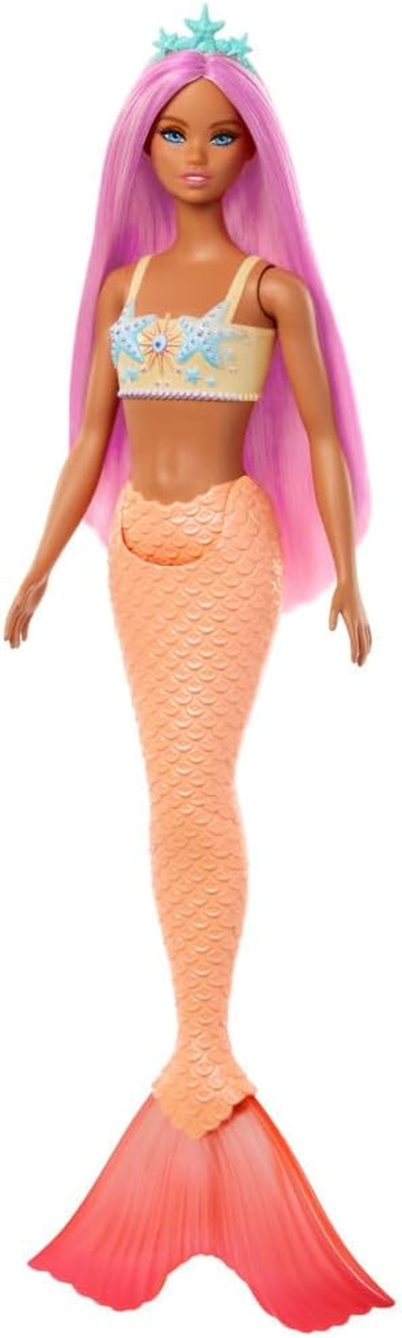 Păpușă Barbie Sirenă cu Păr și Bentiță Roz Fantezie, Păpușă cu Stea de Mare în Vârf și Înotătoare Codală Portocalie Moale, HRR05