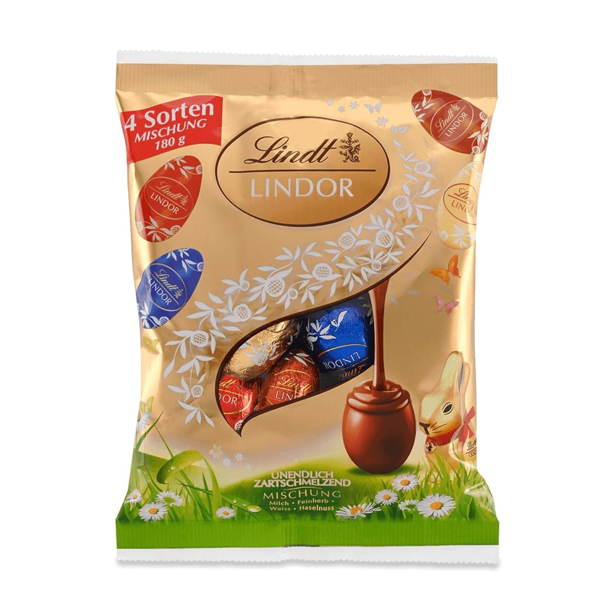 Lindt Schokolade LINDOR Eier Mix | 180G| LINDOR Eier Mit Zartschmelzender Füllung in Den Sorten Milch, Haselnuss, Weiß, 45% Feinherb | Oster Schokolade | Schokoladengeschenk | Ostrei | Titolo predefinito di Schokoeier Naty Shop