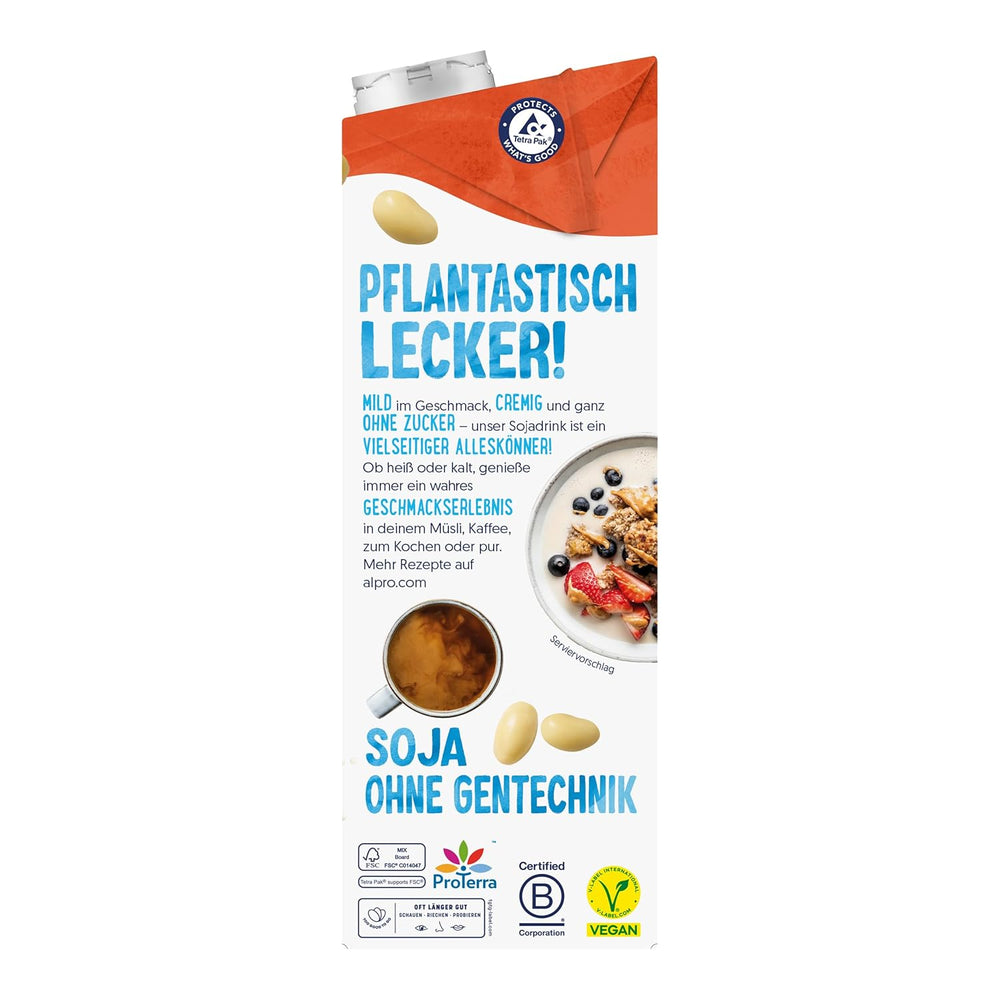 Alpro Sojadrink – Vegan und milchfrei – Von Natur aus laktosefrei und fettarm – Rich an pflanzlichen Proteinen, inhalt Calcium und Vitamine – 8 x 1 L – Haltbar