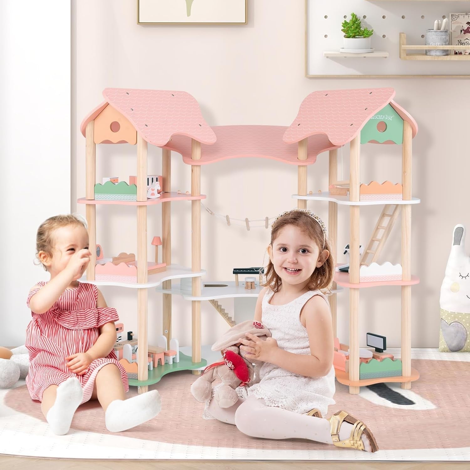 FANTASK Casa delle Bambole in Legno, Casa delle Bambole con 7 Camere e 7 Camere, Altezza 85 cm, con 32 Mobili e Accessori, Casa delle Bambole con Scala di Corda, Casa delle Bambole Regalo per Bambine di 3 Anni (Modello 3) Naty Shop Dollhouses