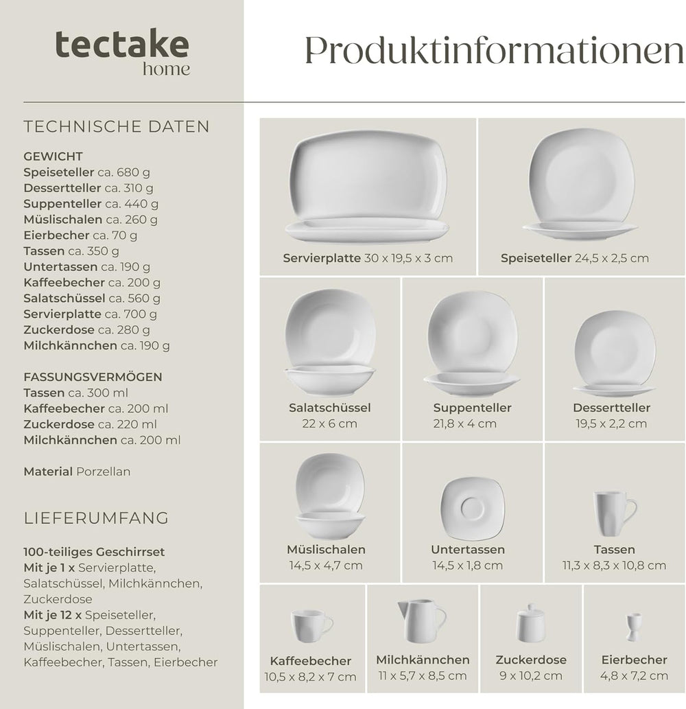 Set de veselă tectake® pentru 12 persoane, set de veselă din porțelan cu 100 de piese, inclusiv 12 farfurii, 12 farfurii de desert, 12 farfurii de sumă, 12 cești, 12 boluri pentru cereale, bol pentru salată, ulcior de lapte, zaharniță
